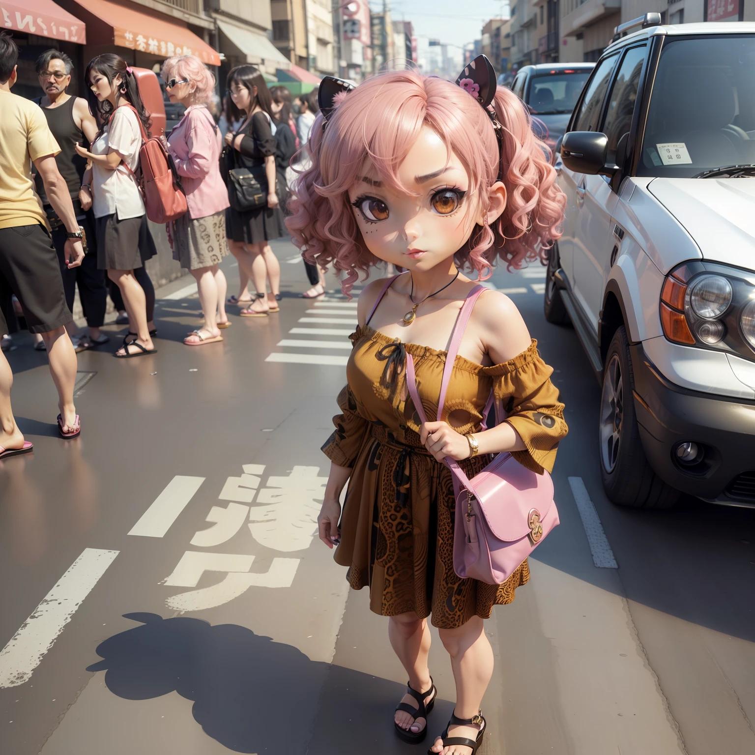 (((chibi3d)))70歳old woman,Strong curly hair,Stronger eyeliner,Lipstick dark color, leopard print shirt,Cheap sandals,Pink pouch angled from the shoulder,Osaka,Bustling street,traffic jam,