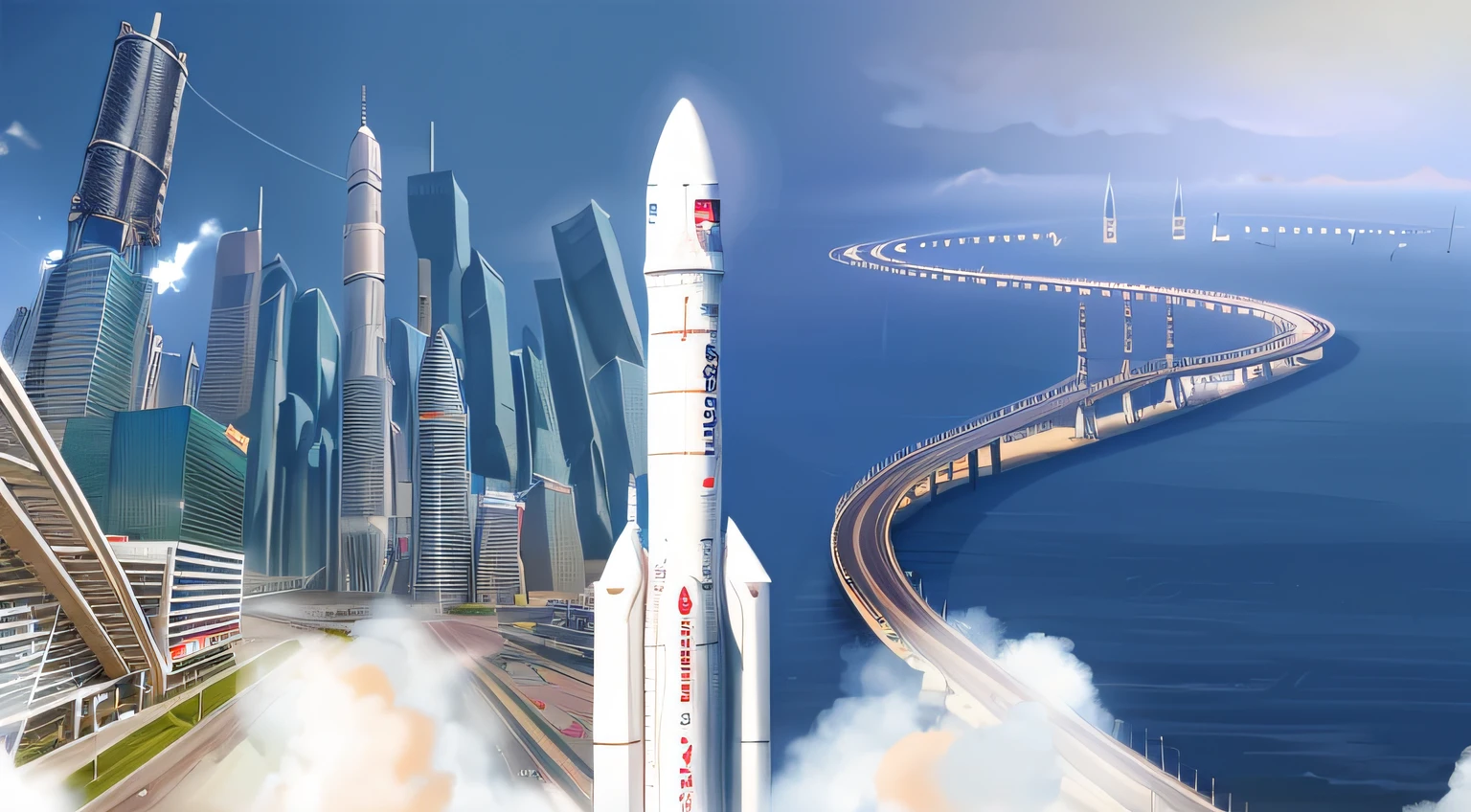 Alafid view of rockets flying over cities and bridges, soaring towers and bridges, rockets, spaceport, A illustration, CG art, space port city, Commercial illustration, space elevator,