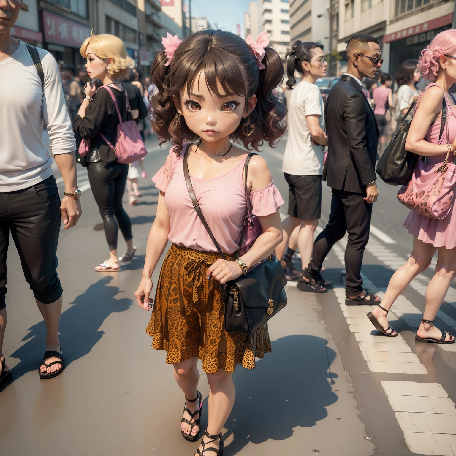 (((chibi3d)))70歳old woman,Strong curly hair,Stronger eyeliner,Lipstick dark color, leopard print shirt,Cheap sandals,Pink pouch angled from the shoulder,Osaka,Bustling street,traffic jam,