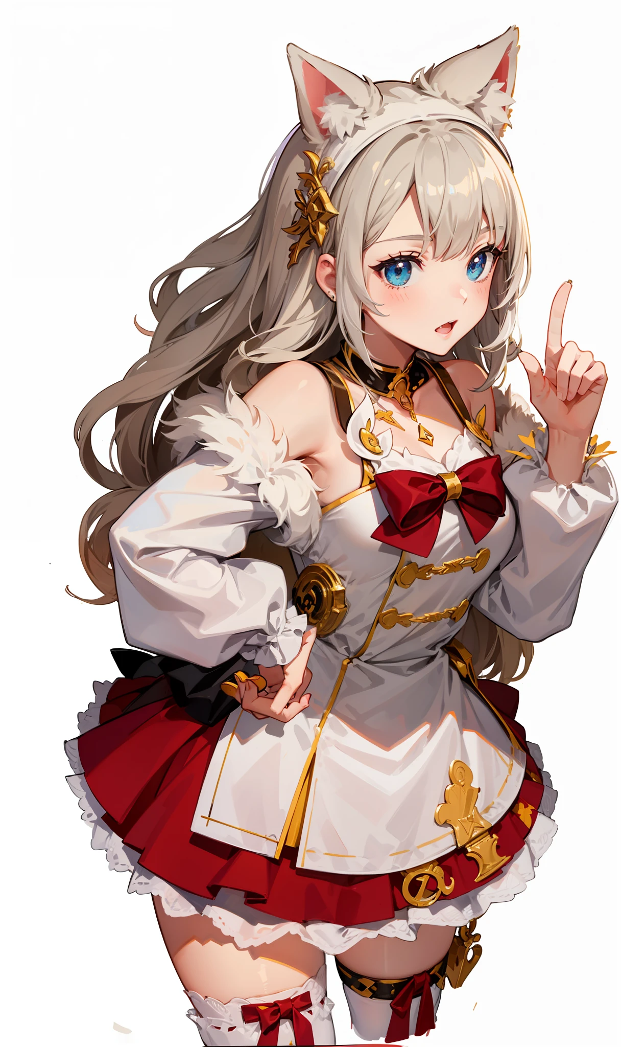 White furry skirt,Furry headdress,A girl with a finger up,