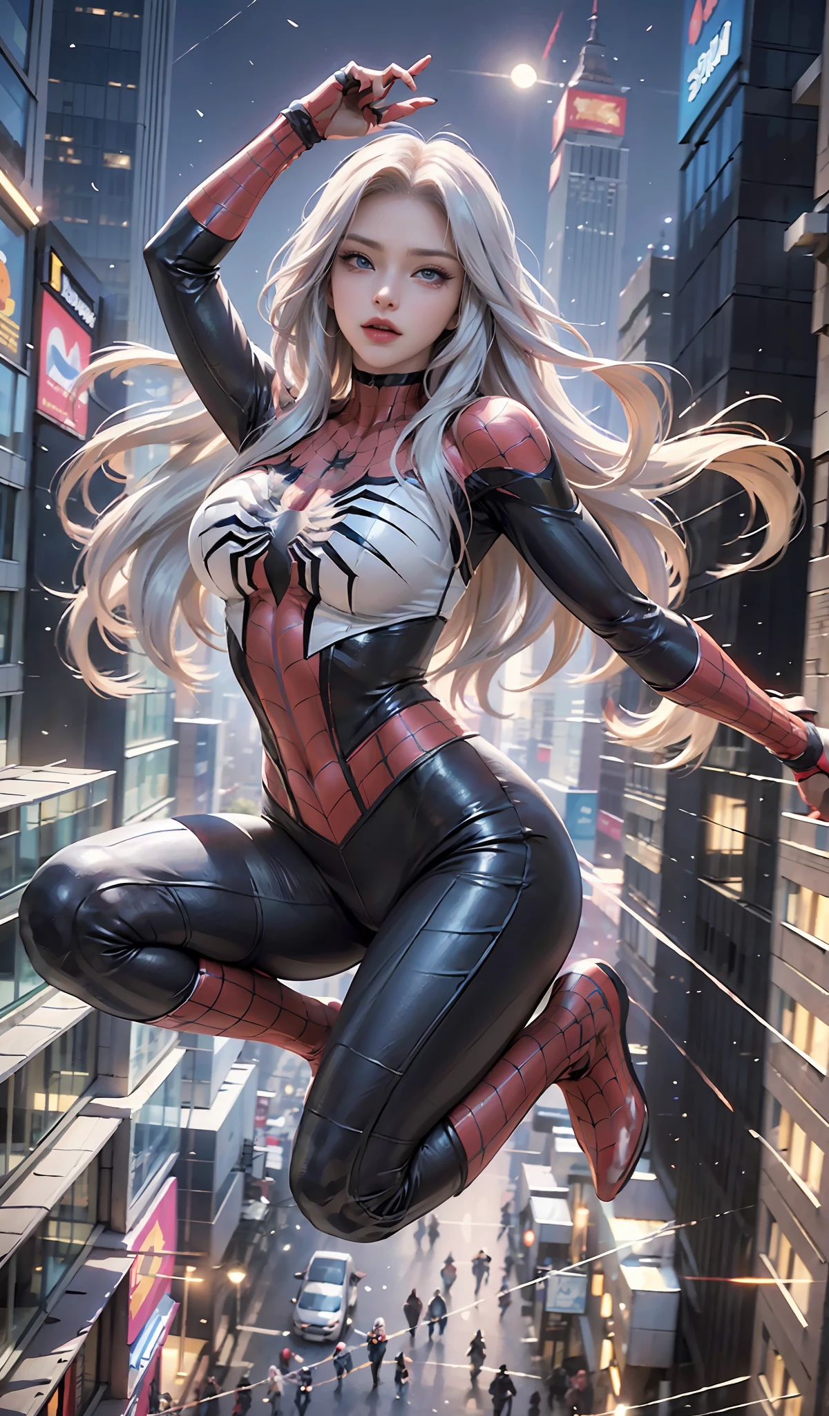 (Masterpiece, 4k resolution, ultra-realistic, very detailed), (White superhero theme, charismatic, there's a girl on top of town, wearing Spider-Man costume, she's a superhero), [ ((25 years), (long white hair:1.2), full body, (blue eyes:1.2), ((Spider-Man pose),show of strength, jumping from one building to another), ((sandy urban environment):0.8)| (cityscape, at night, dynamic lights), (full moon))] # Explanation: The Prompt mainly describes a 4K painting of ultra-high definition, very realistic, very detailed. It shows a superheroine at the top of the city, wearing a Spider-Man costume. The theme in the painting is a white superhero theme, the female protagonist has long white hair, is 25 years old and her entire body is shown in the painting. In terms of portraying the actions of superheroines, spiders are employed