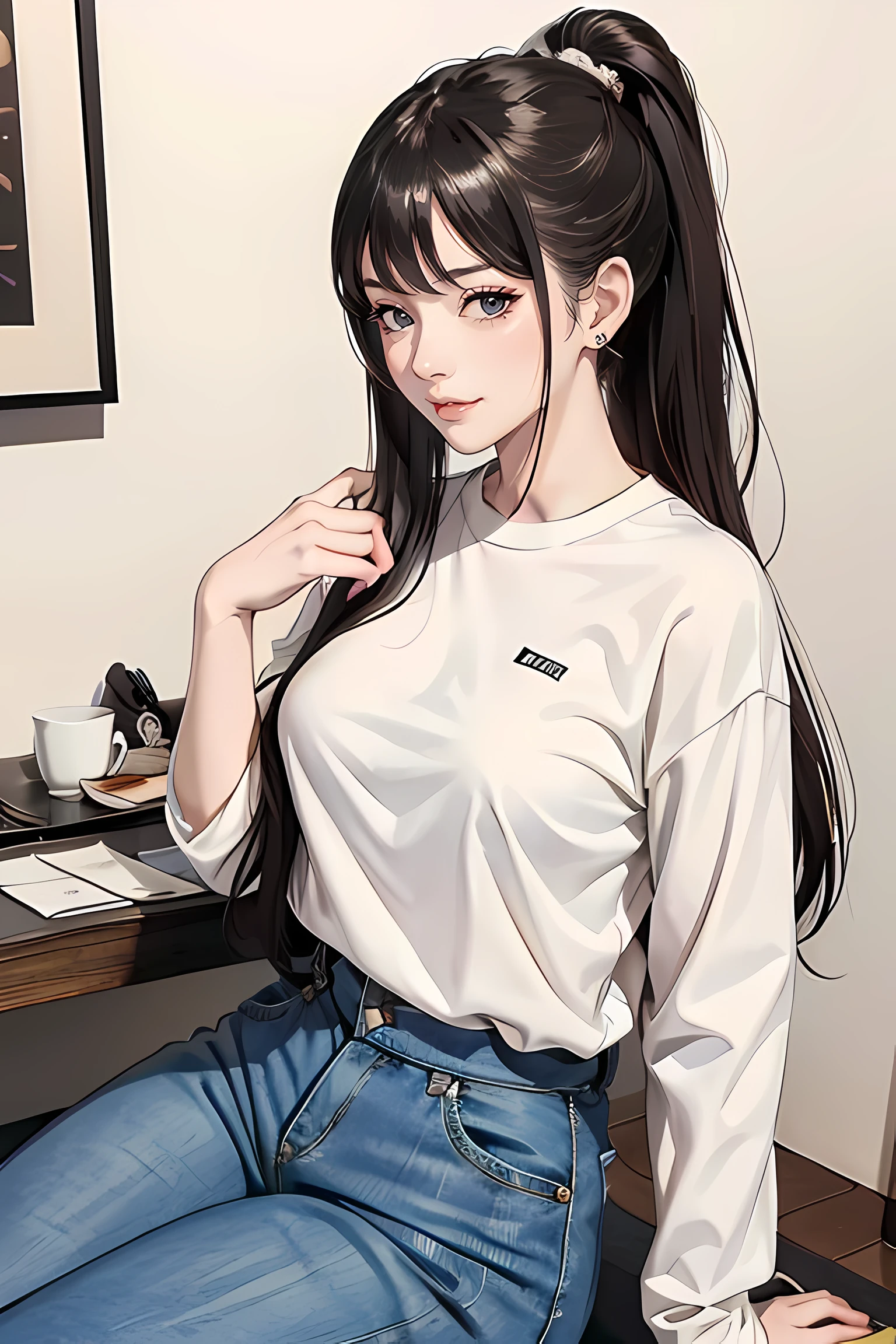 a woman in a white shirt is holding a pair of jeans, a tattoo by Nagasawa Rosetsu, trending on cg society, mingei, hd, 4k, lovely, bishojo, blush, seductive smile