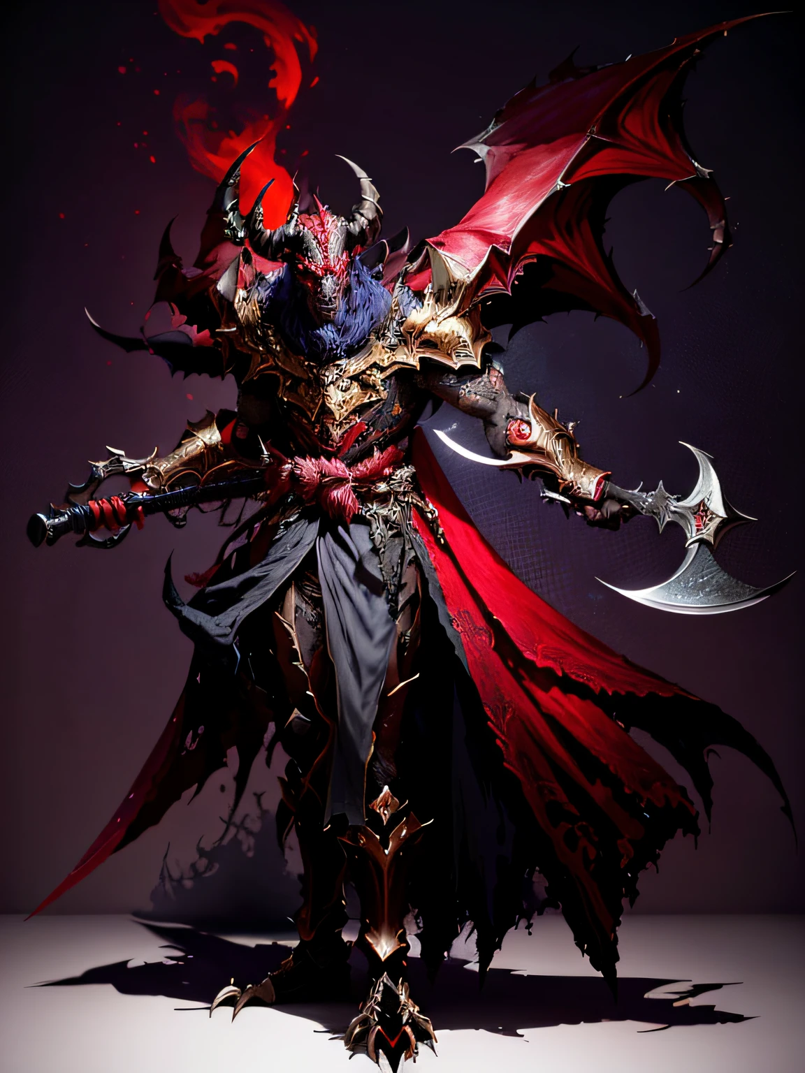 Close-up of a demonic creature with a big knife, Demon Lord, Diablo concept art, Red demon armor, demon soul concept art, demon noble character design, Demon armor, demon male, djinn man male demon, male vampire of clan banu haqim, Diablo digital concept art, lich demon mage class, demon knight of death, demon necromancer