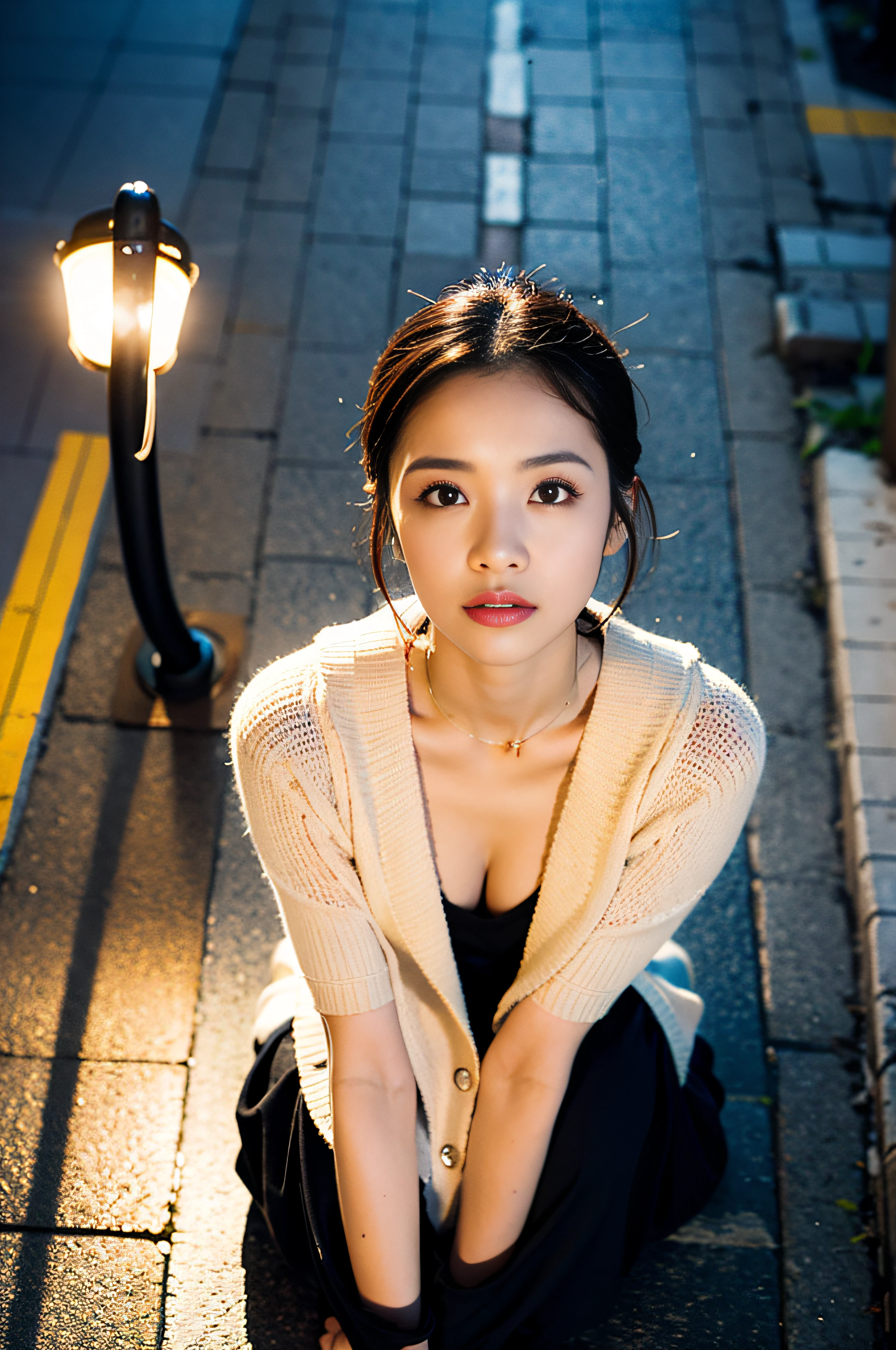 Sad theme、(top-quality、​masterpiece:1.2)、(((From directly above)))、Textured skin, Cinematic、Beautiful woman at 26 years old sitting、Black hoodie、(Streetlight background:1.3)、sony a7,3.5mm lens shooting、F 1.4 Aperture、No retouching、Realistic raw photos、The skin texture is very detailed、without makeup、Background lighting is yellow、rainy day、The atmosphere is moody、How to steam