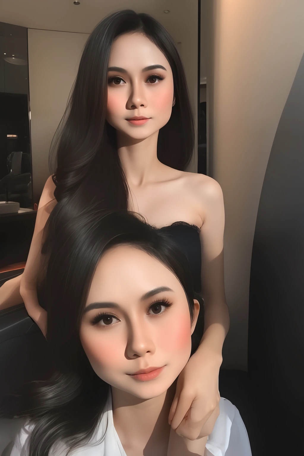 best quality, masterpiece,  (realistic:1.2), 1 girl, black short hair, black hair, very short hair, brown eyes, Front, wearing underwear, bra and panties, bra exposed, bra seen, detailed face, beautiful eyes, malay, malaysian, detailed skin, skin texture, smile, shoulder exposed, dark background, high resolution, detailed hair, malay face, ((intan Najuwa)), flat chest, very small breast, small chest, small hip, small tits, dark skin, medium body size, tall, perfect body, (small breast), darker skin, brown skin, ray lighting, cinematic, small hip, dim light background, dark room, brown skin color,