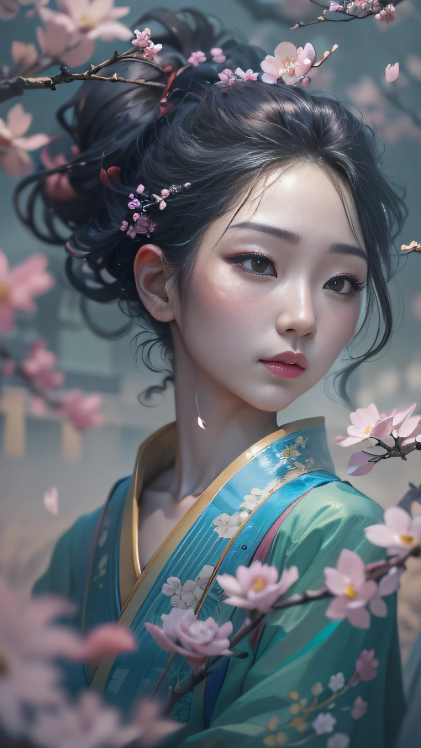 Oriental classical woman with delicate facial features,Look up at the peach blossoms,The ancient city of Hangzhou looms in the background。A drizzle,with petals falling,Bleak blue-gray tones,Character Spotlight,Bust,Drawn by Zao Wou-Ki - Niji5,Depth of field 1.5,Cinematic texture,Top side light