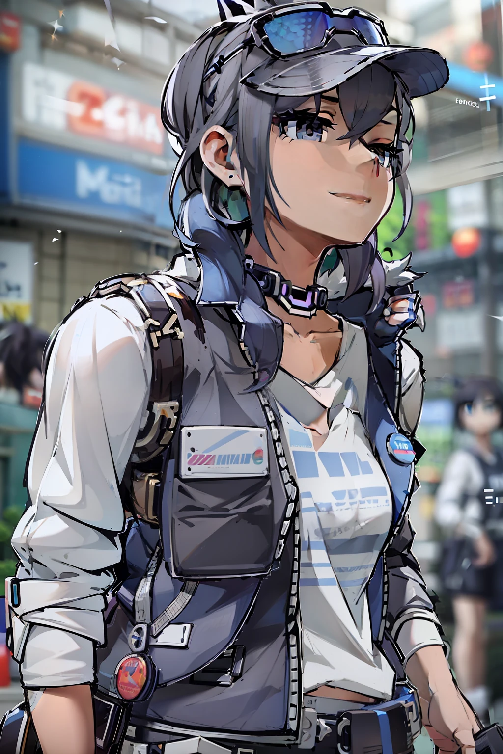 Beautiful woman medium hair、hated、cyberpunked、a short bob、a blond、White Summer Knitted Cap、 odd eye、blue  right eye、Green left eye、Blue Leather Vest、Long white T-shirt、White Cargo Pants、Black Engineer Boots、head phone、Holding a pistol in his right hand、Sprint、In front of Shibuya Station、natta、Well-formed fingertips of both hands、Full body like、Colossal tits、A smile、Extend your left hand to us