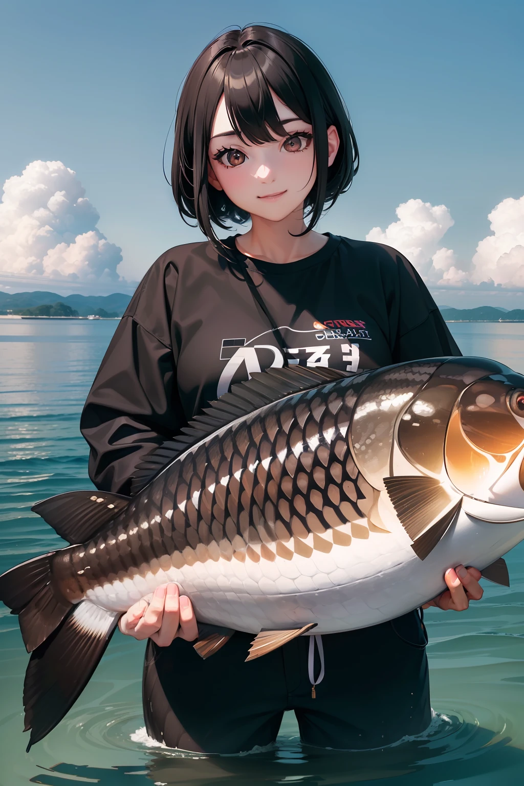 ((catching big black bass))),((Best quality, 8k, Masterpiece :1.3))black hair, longeyelashes, solid circle eyes, light smile, drop shadow, anaglyph, stereogram, atmospheric perspective, 8k, super detail, ccurate, best quality, middle breasts,