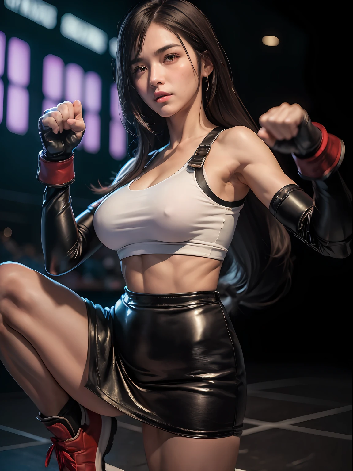 (masterpiece, best quality:1.4), (future days), (fighting pose:1.5), (fight expresion:1.5), (kicking:1.5), (1girl:1.2), (solo), (red iris:1.5), (european youth:1), defTifa, white crop top, elbow pad, fingerless gloves, suspenders, pencil skirt, black socks, red boots, full body, medium breast, futuristic city at night, beautiful face, highly detailed face, highly detailed eyes, highly detailed skin, skin pores, subsurface scattering, realistic pupils, medium breast, full face blush, full lips, detailed background, sfw, depth of field, volumetric lighting, sharp focus, absurdres, realistic proportions, good anatomy, (realistic, hyperrealistic:1.4), 16k hdr,