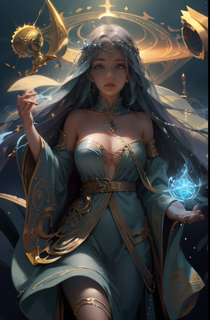 high details, best quality, 8k, [ultra detailed], masterpiece, best quality, (extremely detailed), full body, ultra wide shot, photorealistic, fantasy art, dnd art, rpg art, realistic art, an ultra wide picture of a female human (1.5 intricate details, Masterpiece, best quality) godess of light ((blue radiant aura)), controlling a swirling blue radiant magic (1.5 intricate details, Masterpiece, best quality), manipulating purple radiant magical symbols, divine symbols (1.5 intricate details, Masterpiece, best quality), human female, blond  hair, long hair with aura, hair with blue radiant eyes, intense eyes, ((radiant eyes)), (( blue glowing eyes)), dynamic clothing, fantasy sky, clouds, celestial  background, ((divine worship atmosphere)), high details, best quality, highres, ultra wide angle