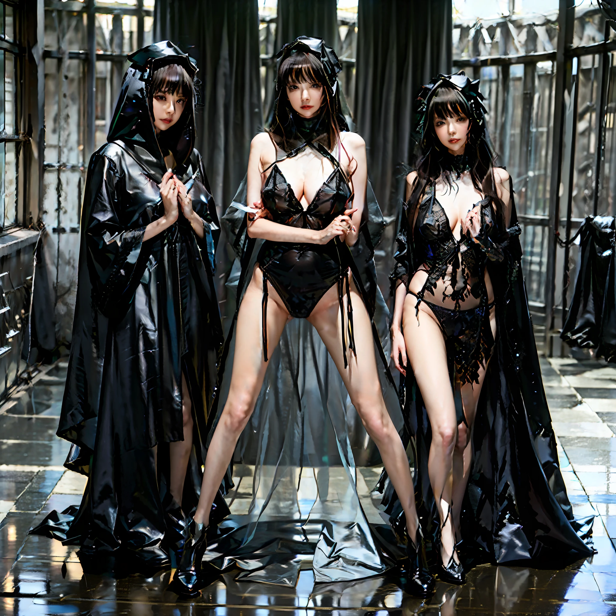 Three mysterious maidens，Robe with clothes，All over the body black robe，The whole body is dressed in black，Black veil，wearing a hijab，Beautuful Women