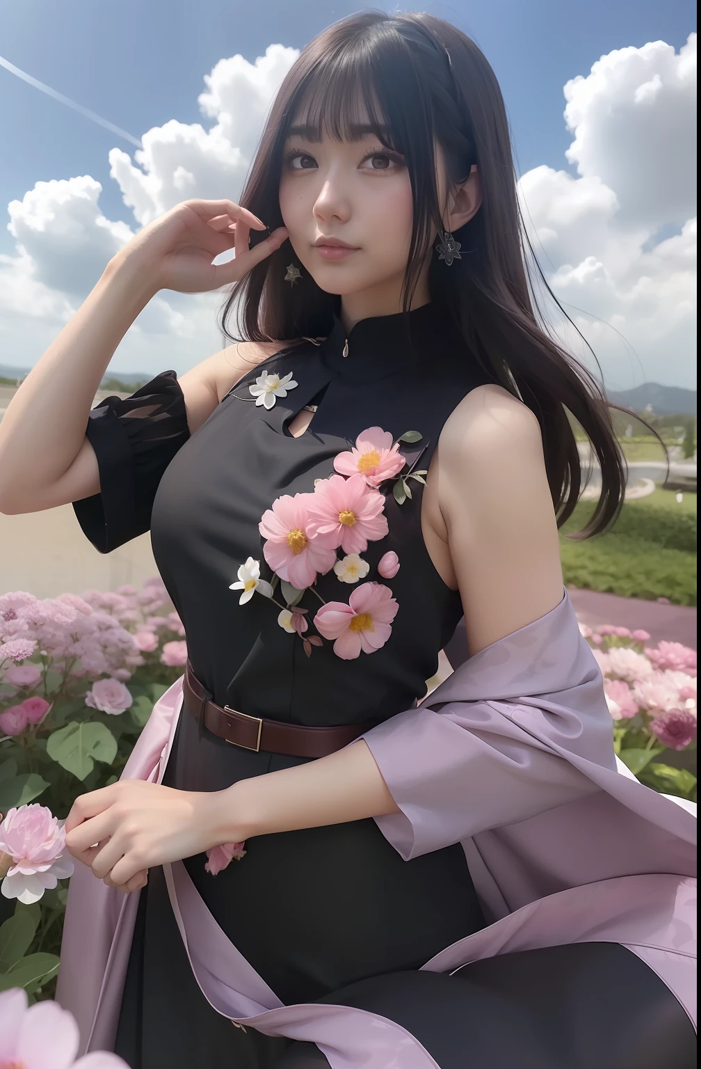 Hinata hyuga A woman standing in a flower garden. His skin was white and his hair was long riven. She was wearing a black dress with a floral accent on her chest and pink waistcoat. Her breasts look so big and round. He looked at the camera. So pretty and realistic