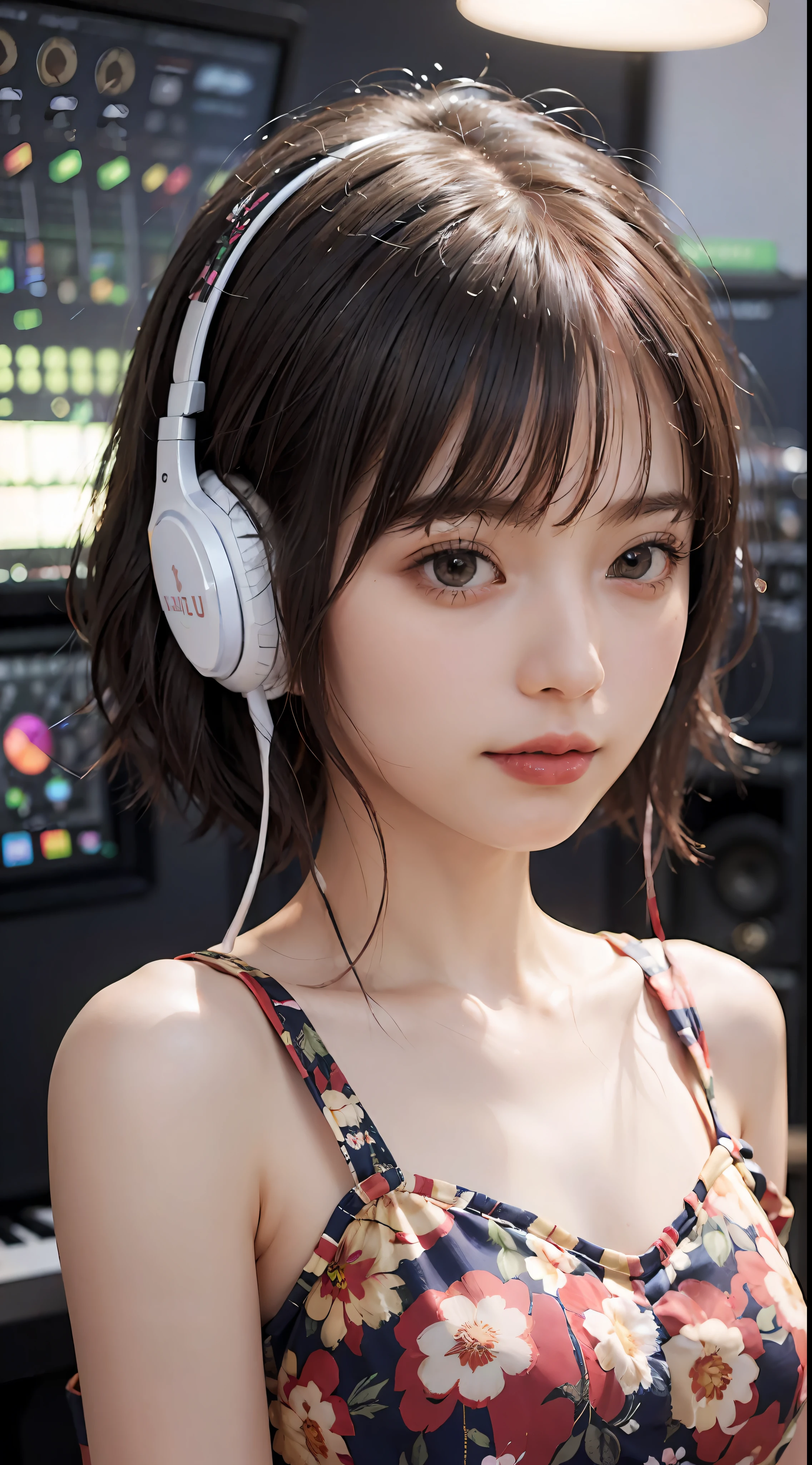 Best Quality, masutepiece, (Photorealistic:2), Ultra High Resolution, Highly detailed, A hyper-realistic, 1girl in, ((Red headphones)), (Longer dress), Floral pattern, colourfull_hair、(((very_Short_hair))), Short hair, Slim body, Full Shot, Looking at Viewer, ((Music Studio)),  Bright atmosphere, spot light, Detailed background