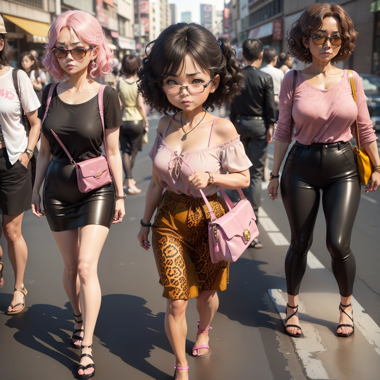 (((chibi3d)))70歳old woman,Middle-aged female,Strong curly hair,Stronger eyeliner,Lipstick dark color, leopard print shirt,Cheap sandals,Pink pouch angled from the shoulder,Osaka,Bustling street,traffic jam,