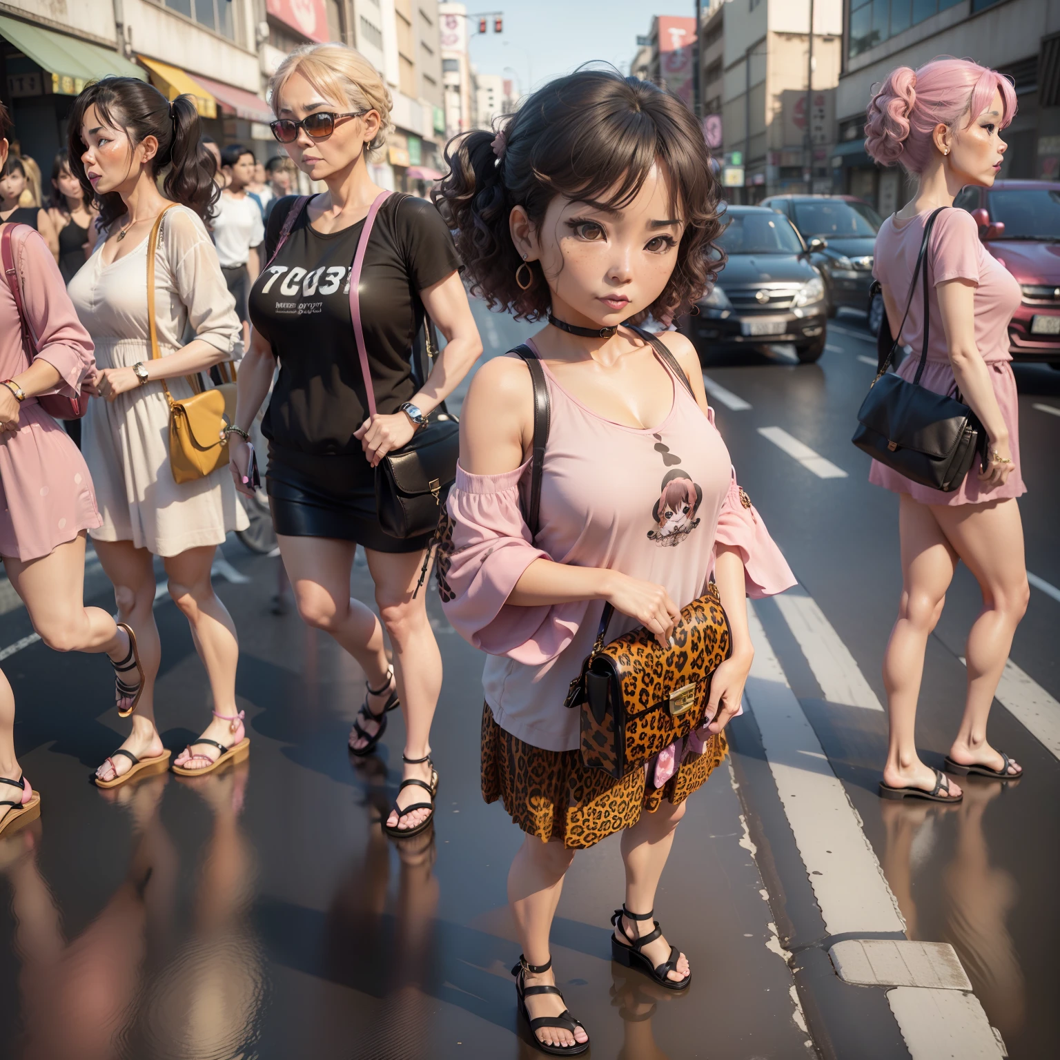 (((chibi3d)))70歳old woman,Middle-aged female,Strong curly hair,Stronger eyeliner,Lipstick dark color, leopard print shirt,Cheap sandals,Pink pouch angled from the shoulder,Osaka,Bustling street,traffic jam,