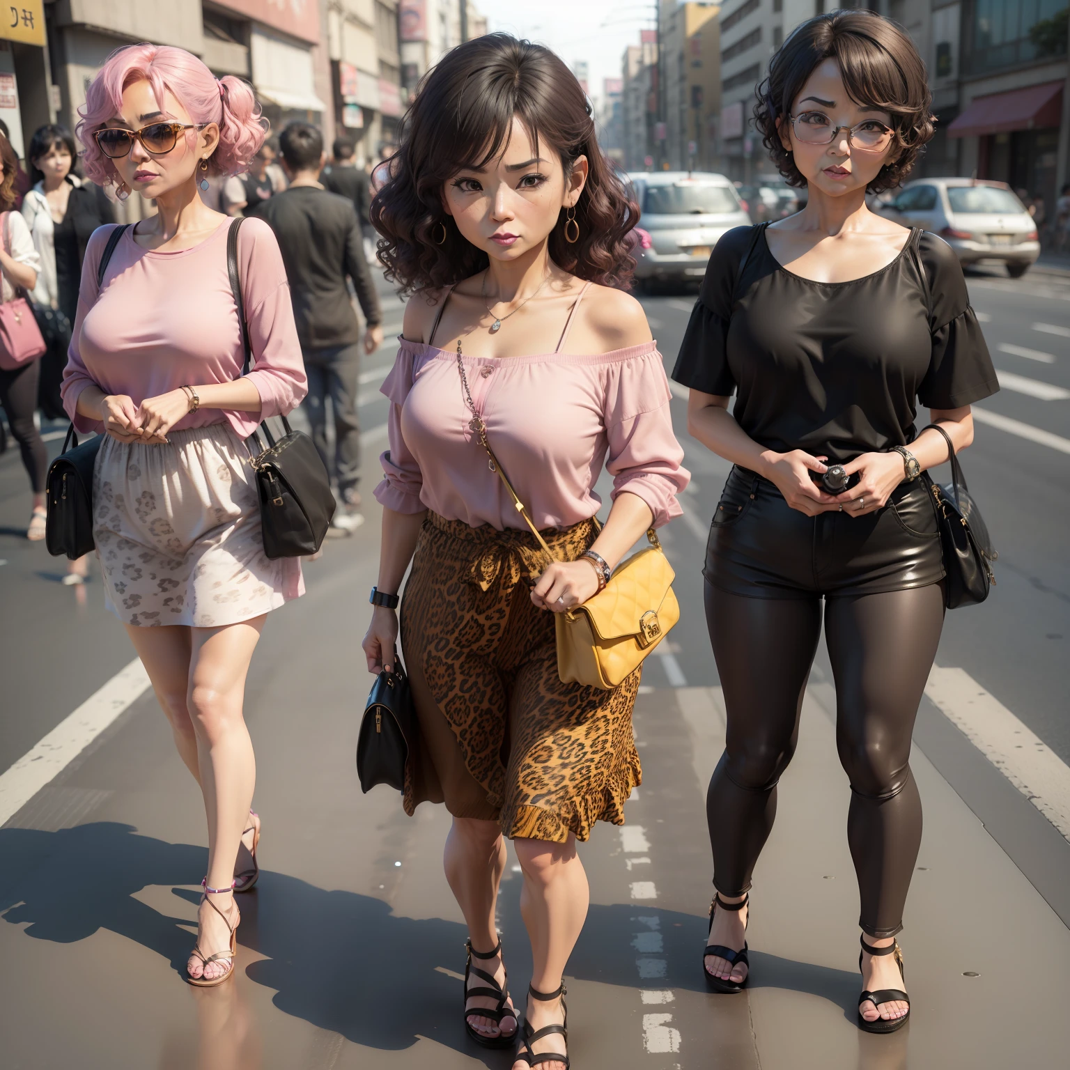 (((chibi3d)))70歳old woman,Middle-aged female,Strong curly hair,Stronger eyeliner,Lipstick dark color, leopard print shirt,Cheap sandals,Pink pouch angled from the shoulder,Osaka,Bustling street,traffic jam,