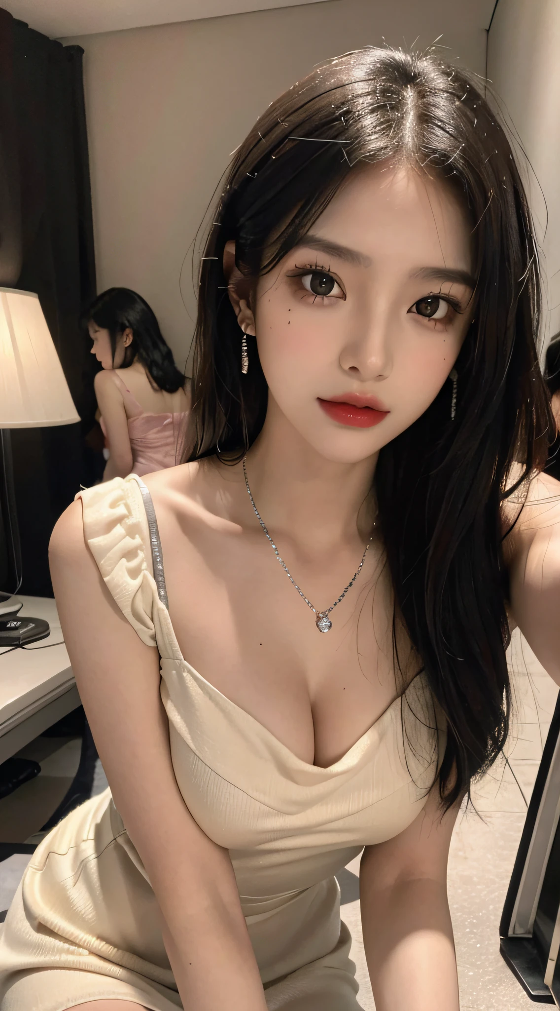 (Masterpiece), best quality, 8K resolution, 3D, close-up, a beautiful girl in a suspender dress, with a necklace, a beauty mole under the corner of the left eye , perfect figure, ((beautiful detailed face)), (upper body: 1.3), black hair (messy), delicate makeup, red lips, shiny lips, long eyelashes, with silver earrings, bright big eyes, eye shadow, lying silkworm, movie lighting, cute girl, master work, high detail, colorful picture, light and shadow details, Extremely delicate beautiful girl, tender and fair skin, delicate facial features, perfect face, stunning beauty, extreme details, realistic details, facing the audience, holding a mobile phone to take a selfie, Clear focus: 1.2, 1girl