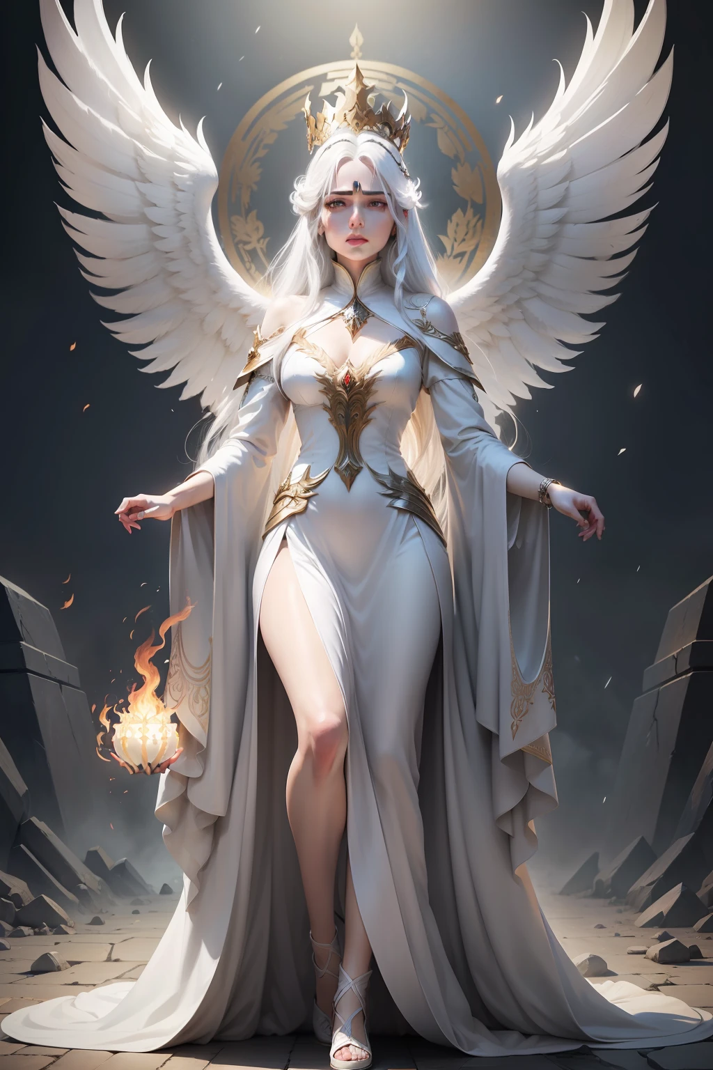 White hair, Divine temperament, Wearing a phoenix crown , The expression is cold,  The face is delicate and the ancient queen full-body photo faces the audience