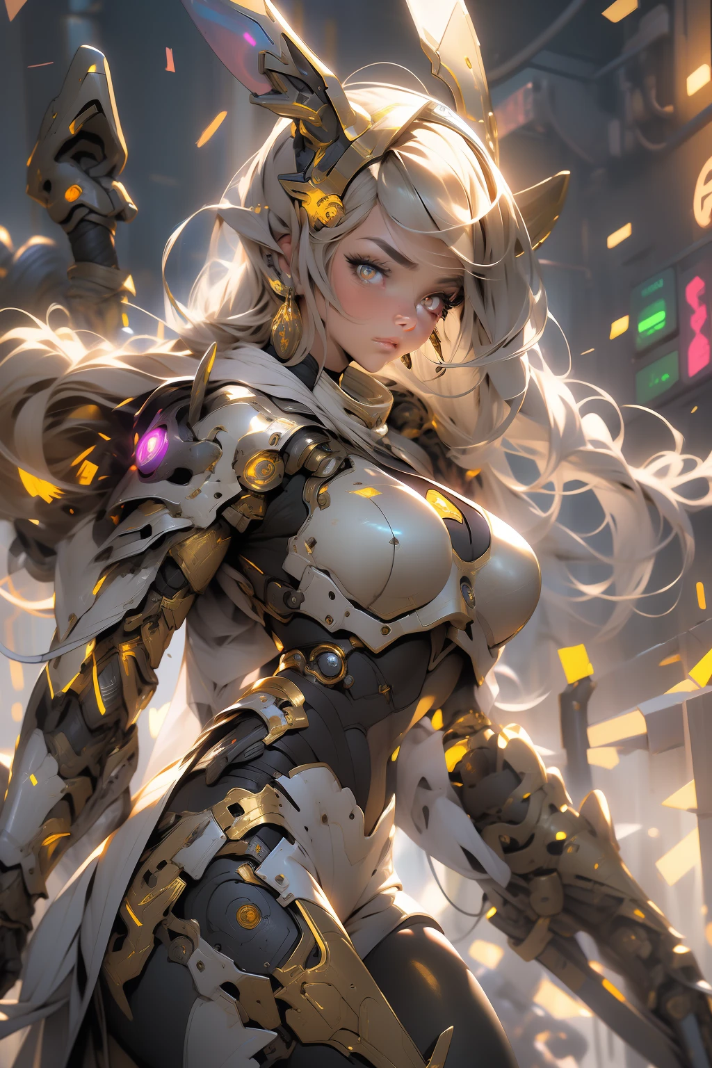 (masterpiece), (best quality), 1girl, detailed hair, cyborg girl with bunny ears, female warrior battle field, stand, (golden glowing eyes), cyborg armor, golden armor, black and golden, cinematic light