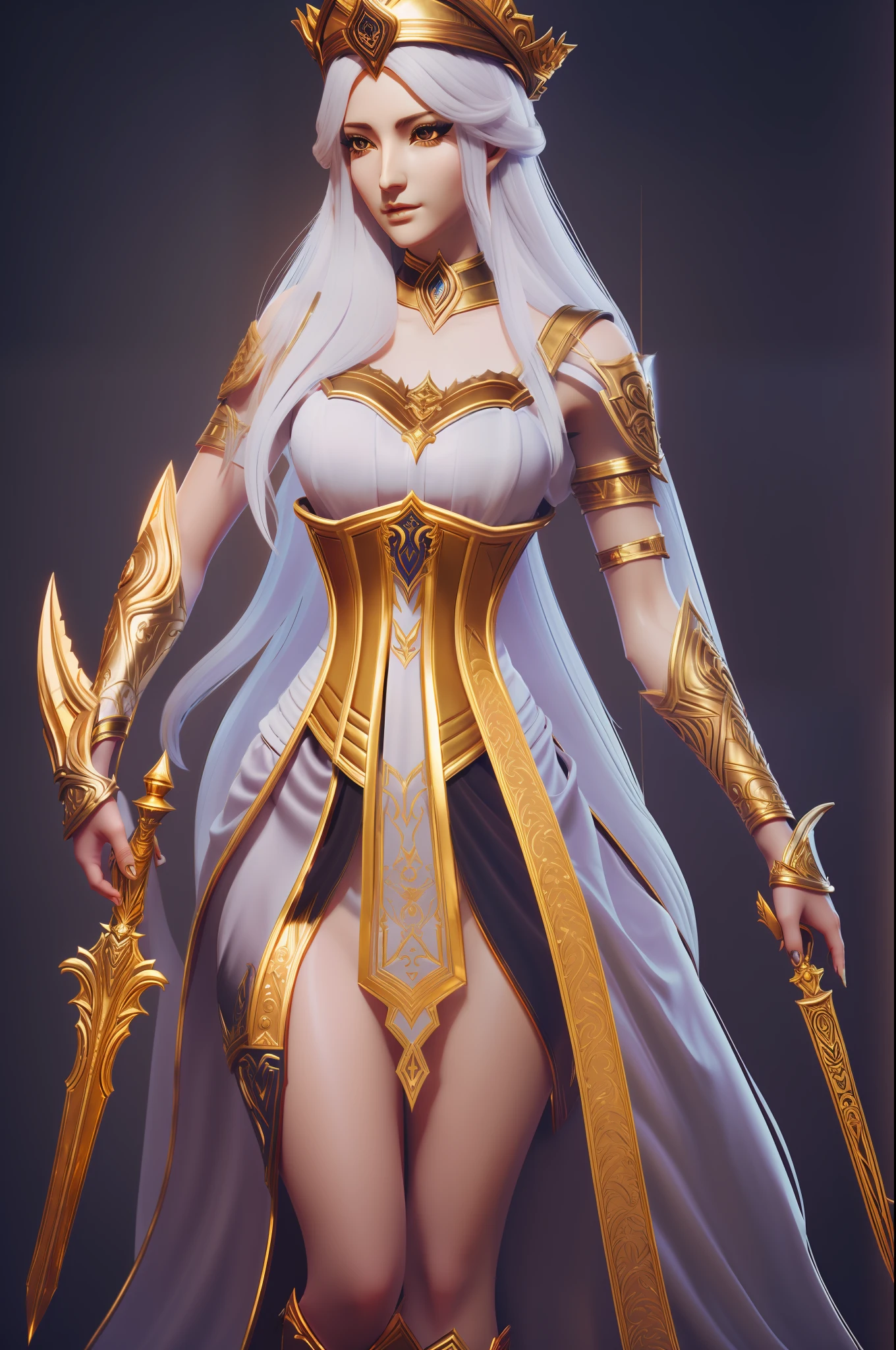 there is a young woman, 3 d goddess minerva, dark sorceress fullbody pose, irelia, 3 d render character art 8 k, mighty female sorceress, dark sorceress full view, epic mage girl character, irelia from league of legends, dark goddess, dark witch character, white long hair, gold crown on the head, yellow eyes, dark corset whith gold ornament, white hem dress with golden patterns, haughty face, detailed full body concept, , 3d stylized art, blizzard style, 3d art, 3d render, marmoset