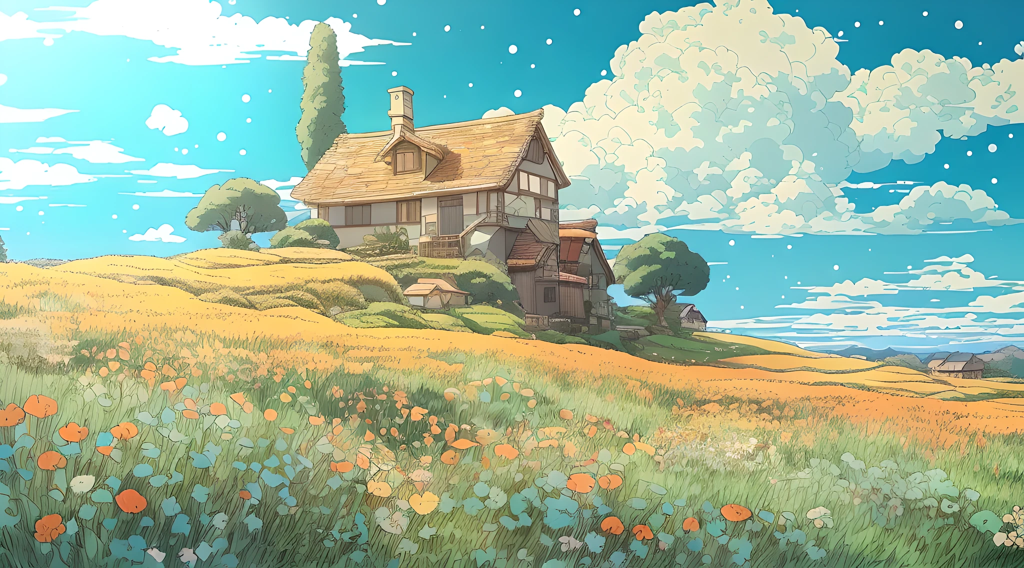 Painting a house with a flower field on the mountain, anime countryside landscape, idyllic cottage, house on a hill, author：Yoshihiko Wada, studio ghibli artstyle, A beautiful artwork illustration, fundo de casa, author：hiyao miyazaki, studio ghibli artstyle, hq very detailed, very very highly detailed, author：Kentaro Miura, View of Ghibli Studio