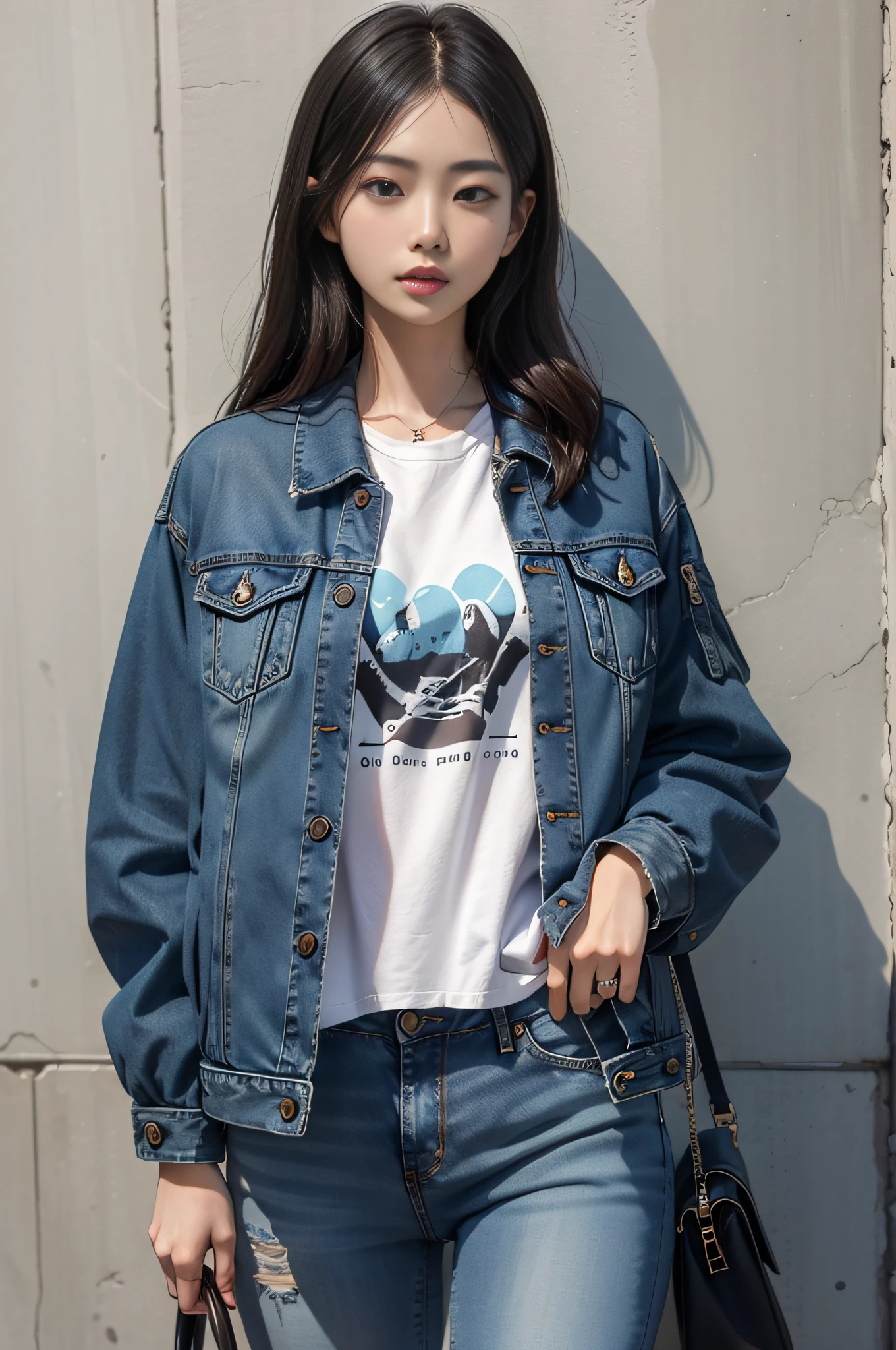 The Araved woman leaned against the wall，Holding a handbag and purse, wearing casual cloths, wearing a jeans jackets, wearing casual cloths, wearing denim, korean women's fashion model, Wearing a blue jacket, Trendy clothes, wearing blue jacket, casual clothing style, Denim jacket, wearing double denim, Korean girl, Casual clothes, Woman in streetwear, jean jacket
