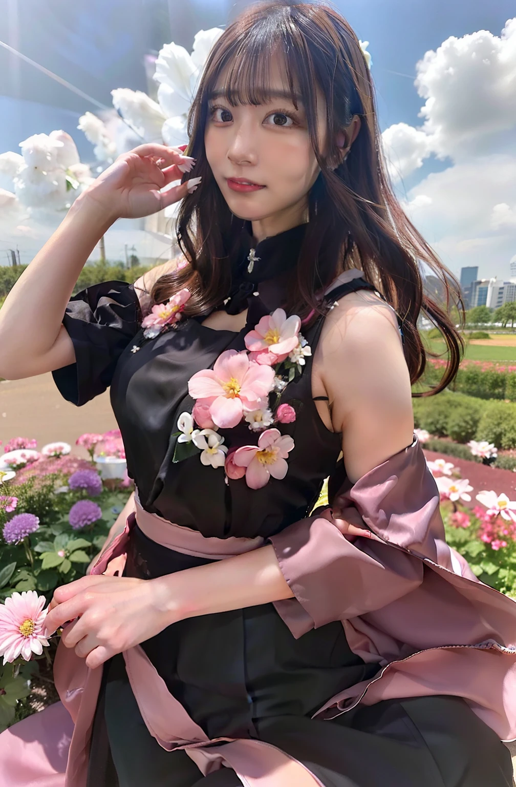 Hinata hyuga A woman standing in a flower garden. His skin was white and his hair was long riven. She was wearing a black dress with a floral accent on her chest and pink waistcoat. Her breasts look so big and round. He looked at the camera. So pretty and realistic