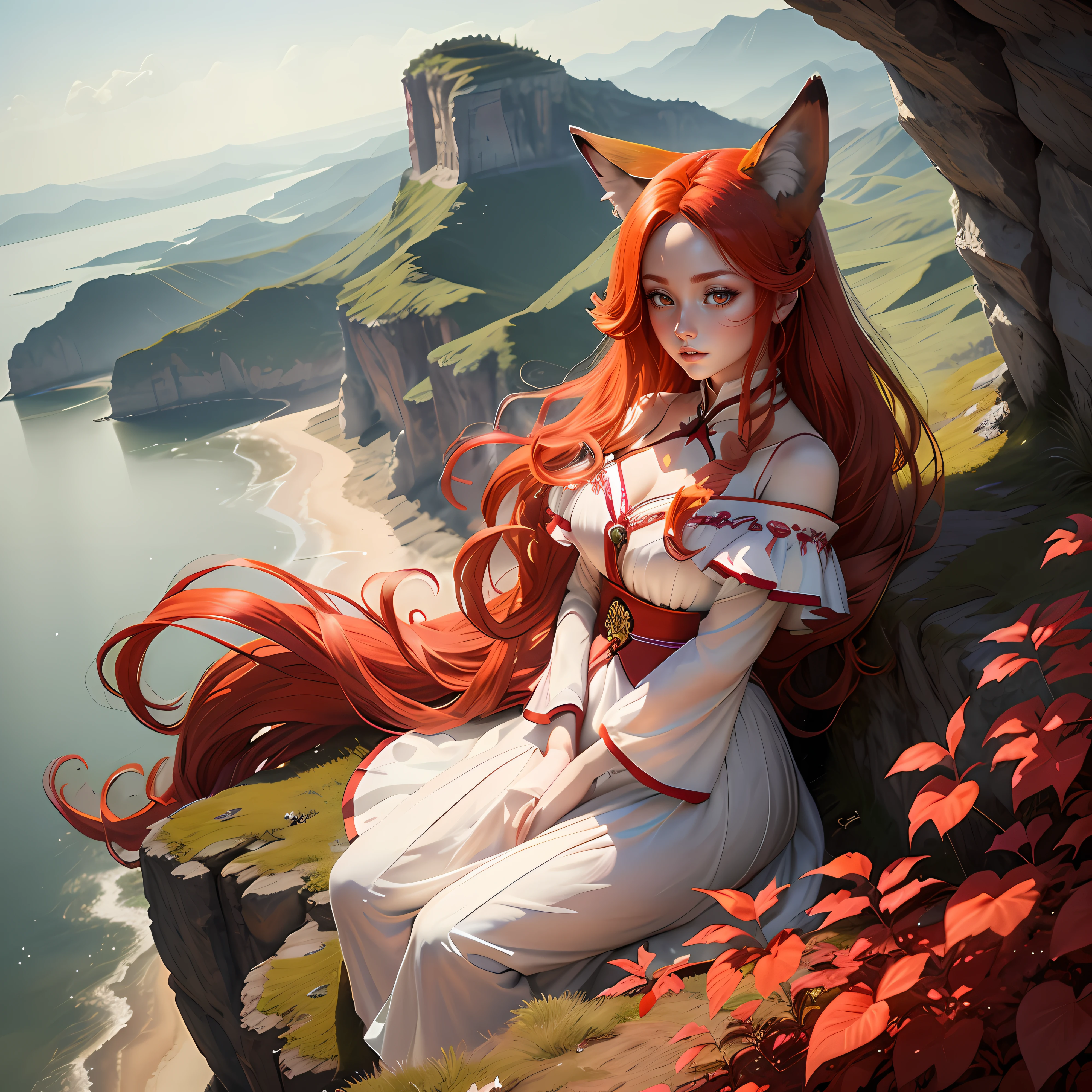 On the edge of a cliff ,A red-haired girl ,dressed in white and red,It has nine tails ,She is a fox fairy。 quadratic element,Picturesque,The background is like a fairyland,Flowers all over the mountains ,high qulity,Clear face and big eyes,,lovely and delicate ,perfect bodies,real looking skin 。