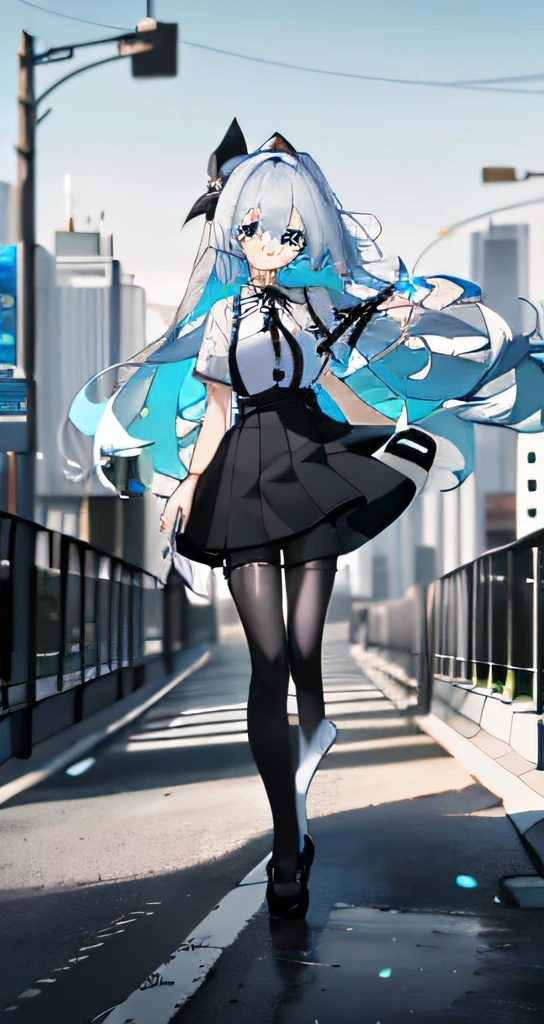 ((Masterpiece,Best quality))1girll, Solo, black|White clear skirt, Blue eyes, (Long hair:1.23) , one side up, White|Light blue hair, view the viewer,standing, Pleated skirt, black|White shirt, (black lence stockings:1.4),Outdoors,Knees Together,City,Black ribbon