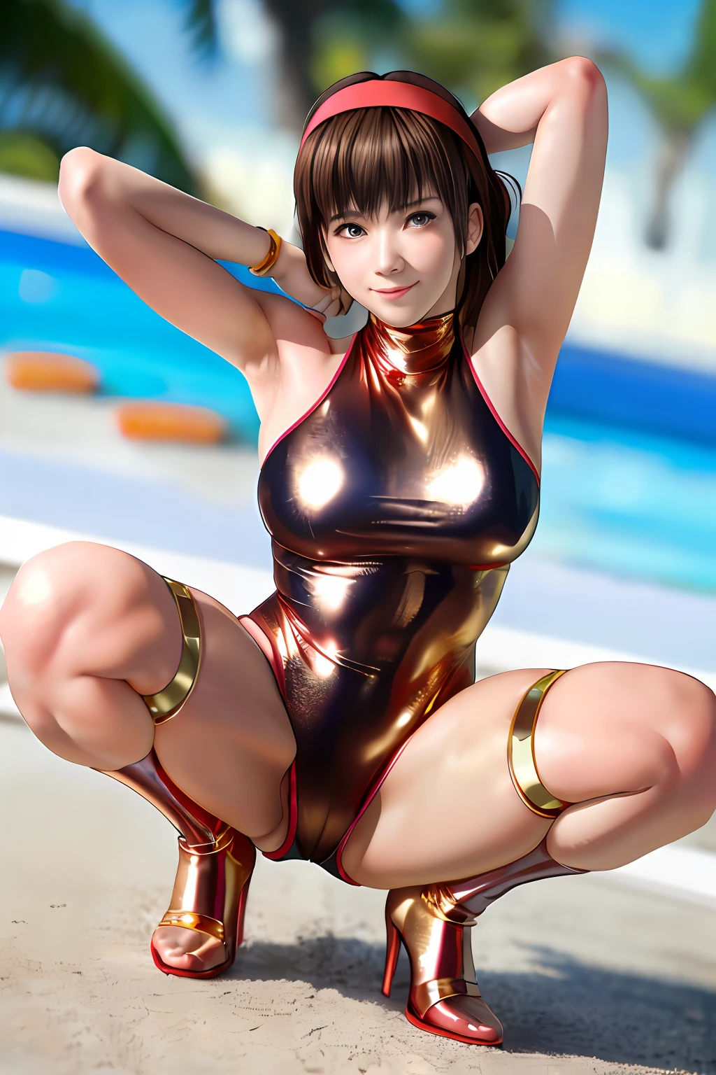 Top image quality、top-quality、8K picture quality、1girll、full body Esbian、hitomi、A smile、embarrassed from、red blush、Beautiful fece、(Red headband:1.2)、(Gold Metallic:1.4)、(Sleeveless)、(High neck competitive swimsuit)、(highleg)、(Crotch penetration)、(pin heels)、Squatting on the ground、(Open your crotch wide from side to side)、Arms behind your head、(Show off your armpits)、gazing at viewer、((Face the viewer))、((Show viewers your crotch)) 、((Frontal shot))、in poolside、profetional lighting、professional photograpy