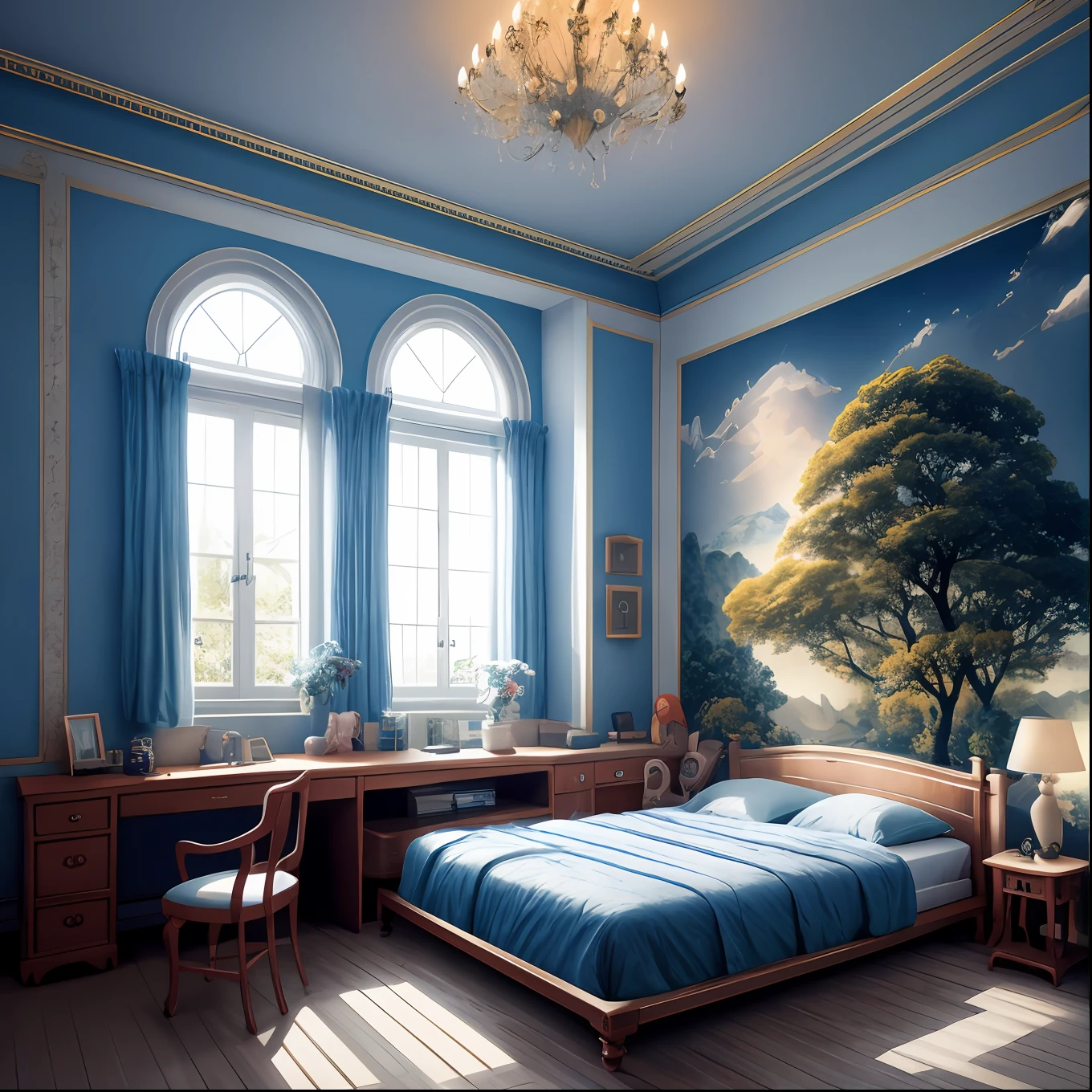 tmasterpiece,Best quality at best,high qulity,The is very detailed, CG unified 8k wallpaper,Bedrooms,inside in room,In the daytime,without humans,suits,scenecy,Wall murals,bokeh,HDR,blooms,color difference,真实感,The is very detailed,Trends on Artstation,Trends on CGSociety, High Detail, art by midjourney, Technologie, comfory, pixiv, Room full of hobbies, Just one bed, cartoon, warm light, blue