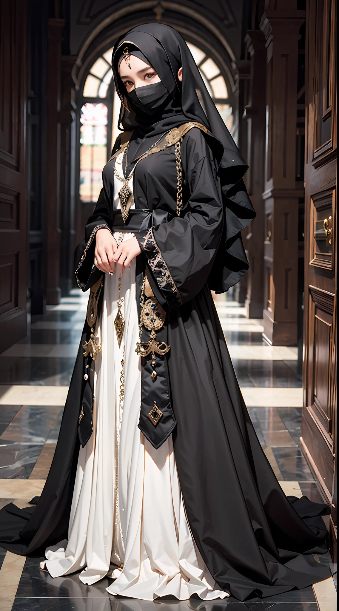 Three mysterious maidens,Robe with clothes,All over black robes,The whole body is dressed in black,Black veil,wearing a hijab,Beautuful Women