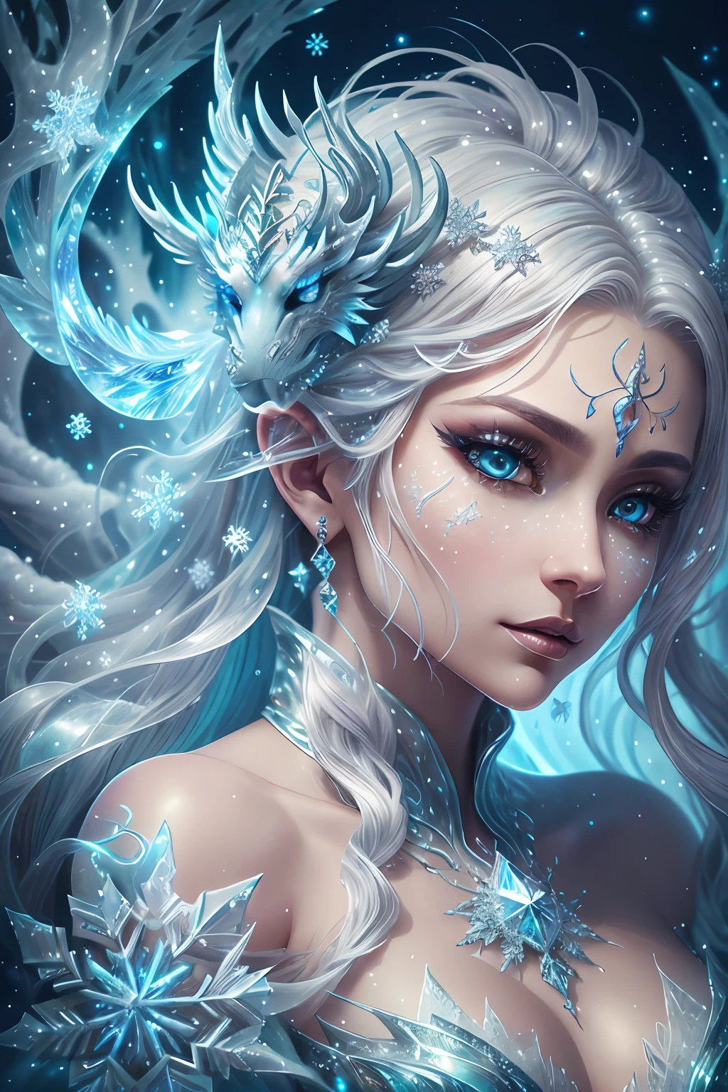 generate a celestial and colorful petite ice angel. her eyes should be beautifully detailed, extremely detailed, realistic, macro, and bright. her face should be fierce and dynamic. She should have soft, full lips and an arched nose. Her face should have high cheekbones, a strong jawline, and large lips. include a highly detailed face with realistic eye shading. her clothes are long and flowing and made of silk and lace and pearls. include frosty details such as snow, wind, snowflakes, cold air, and night sky. include phantasmal iridescence, shimmer, glimmer, and bumps, as well as beautiful and intricate fantasy details. this is a magical and high fantasy image. cold, frost, frost on image, frost on camera, frost on figure, intricate snowflakes ((masterpiece)), best quality, high quality, highres, intricate details, portfolio piece, bryan organ, matte, trending on art station, in the style of greg rutkowski, include magical ice creature, use shades of blue, include fur, (dynamic composition), (highly detailed), ornate, ultra detailed, detail enhancements, magical details, fantasy vibes, very detailed ice dragon, beautiful and intricate ice chimera, ((dynamic composition)). include colorful iridescence