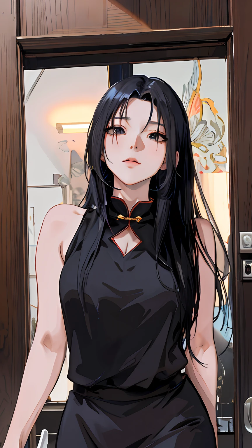 Anime girl with black hair and black cheongsam standing in front of the door, Guviz-style artwork, Digital anime illustration, attractive anime girls, seductive anime girls, realistic anime artstyle, Digital anime art, Anime girl wearing black dress, Anime style. 8K, portrait anime girl, Beautiful anime girl, style of anime4 K, a beautiful anime portrait，Realistic anime 3 D style, Anime style. 8K, anime realism style, realistic anime artstyle, Photorealistic anime,style of anime4 K, Guviz-style artwork, Casual pose，（（tmasterpiece，best qualtiy）），illustratio，Ultra-detailed 8K，Photorealsitic，Clear focus，A highly detailed，Professional lighting，Colorful detailed，Rainbow color BREAK factory super long shot，with light glowing，Complicated details，Shitu-mecha，1girl stands in front of the audience，Bigchest。