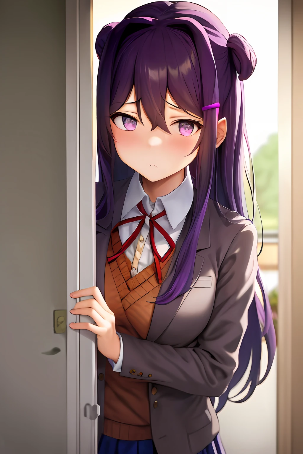 masterpiece, best quality, highres, 1girl, peeking out upper body opening door, open door, doorway, yuri, purple eyes, purple hair, hair between eyes, hairclip, school uniform, blazer, brown sweater, collared shirt, neck ribbon, blue skirt, shy, embarassed