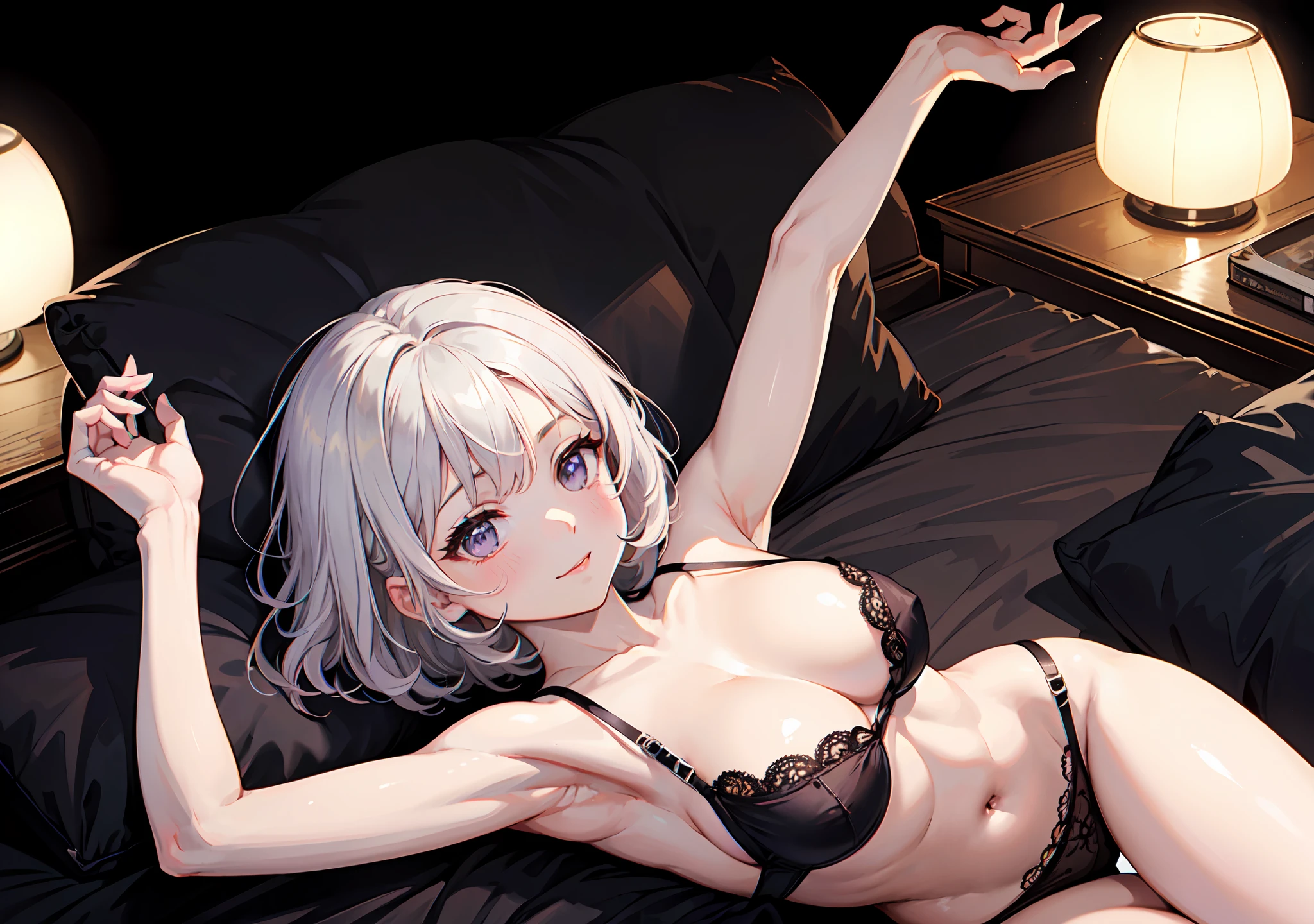 ((((masterpiece, best quality, high resolution)))), 1girl, white hair, purple eyes, bob cut, short wavy hair, average breasts, blush, light smile, glow, thighs, bare shoulders, collarbone, narrow waist, cleavage, (masterpiece), (beautiful detailed face, beautiful detailed eyes), bedroom, night time, lying on bed, arms up, (from above view), (black lingerie), hands behind head