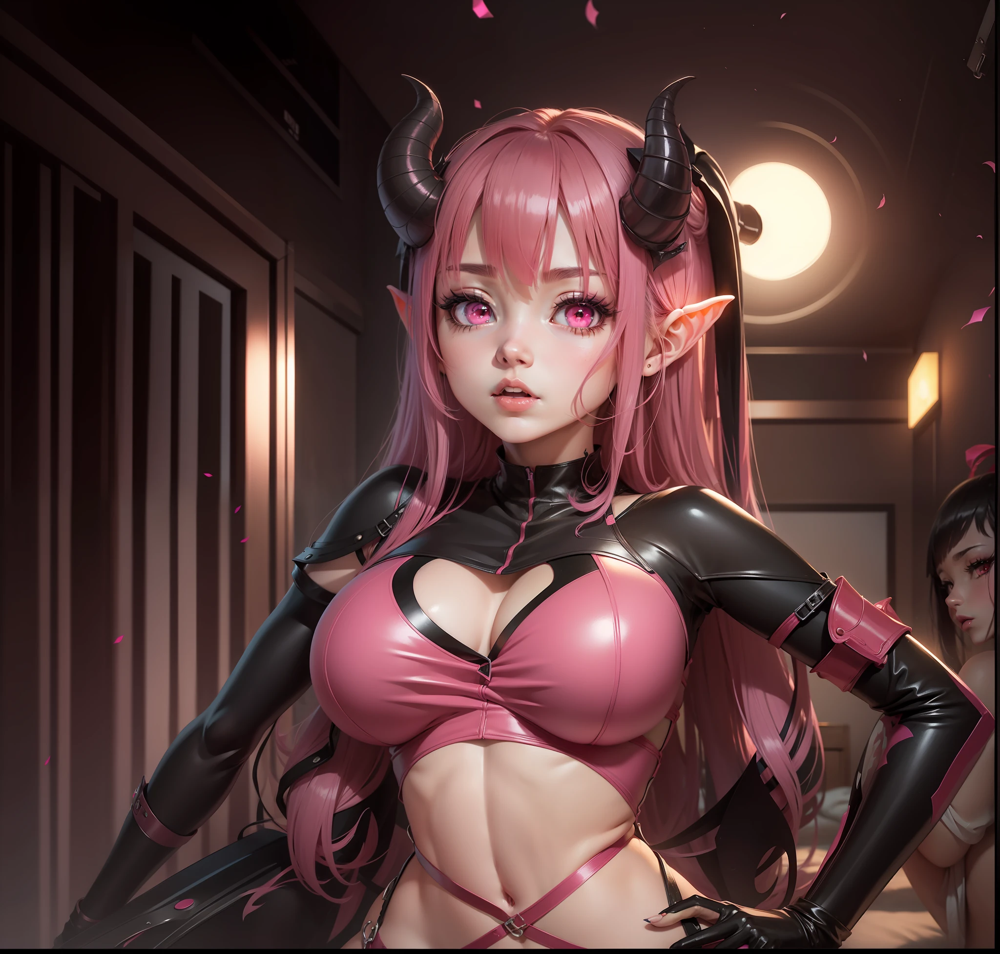 anime girl, dark pink hair, black bangs hair, succubus, pink eyes