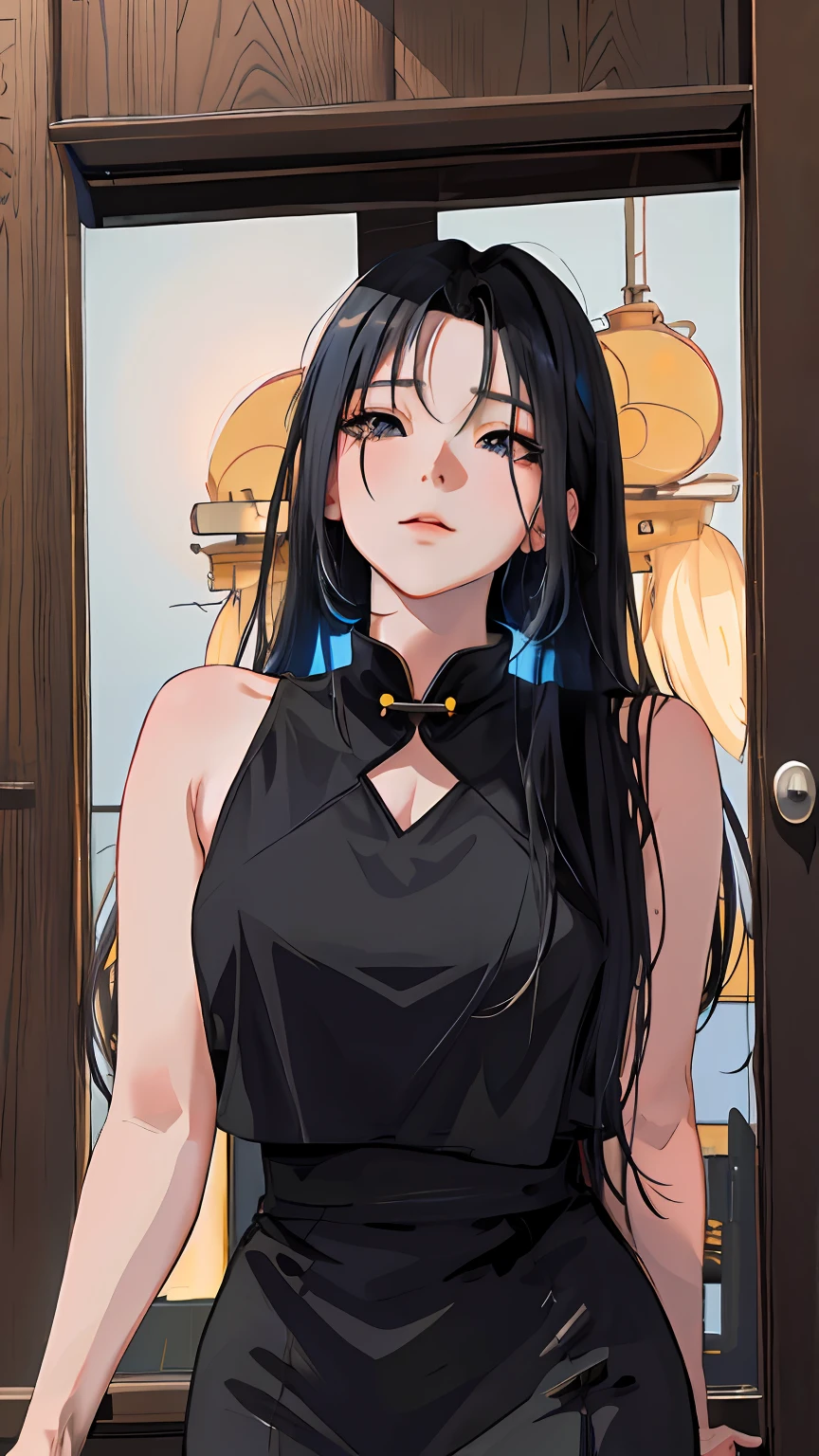 Anime girl with black hair and black cheongsam standing in front of the door, Guviz-style artwork, Digital anime illustration, attractive anime girls, seductive anime girls, realistic anime artstyle, Digital anime art, Anime girl wearing black dress, Anime style. 8K, portrait anime girl, Beautiful anime girl, style of anime4 K, a beautiful anime portrait,Realistic anime 3 D style, Anime style. 8K, anime realism style, realistic anime artstyle, Photorealistic anime,style of anime4 K, Guviz-style artwork, Casual pose,((tmasterpiece,best qualtiy)),illustratio,Ultra-detailed 8K,Photorealsitic,Clear focus,A highly detailed,Professional lighting,Colorful detailed,Rainbow color BREAK factory super long shot,with light glowing,Complicated details,Shitu-mecha,1girl stands in front of the audience,Bigchest。