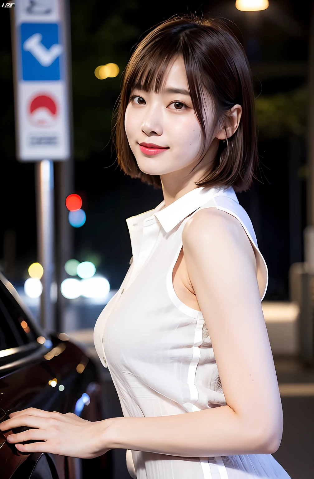 ((8K:1.27)、top-quality、masterpiece、超A high resolution:1.2)Photo beautiful Chinese woman(pleasing:1.1) (The shirt:1.21) Elegance、There is a good、Gradient lighting、1girl in、Delicate skin、Look here、Brown-eyed、(short hair with bangs:1.2)、(breasts are large:1.0)、(medium areola:0.8)、(realisitic:1.4)、(top-quality:1.0)、(超A high resolution:1.0)、8K、Raw photography、(masterpiece:0.2)、(pureerosface_v1:0.5)、 White linen clothes、Sleeveless、Kamimei、excited expressions、Red cheeks、want me、Staring at this、total darkness、Streetlight、Park at night、sideways Facing、Ass big、(Stop a taxi、raise a hand、wave her hand)、Angle from the side、Lean、Colossal tits、stretching arms up、stick out buttocks、