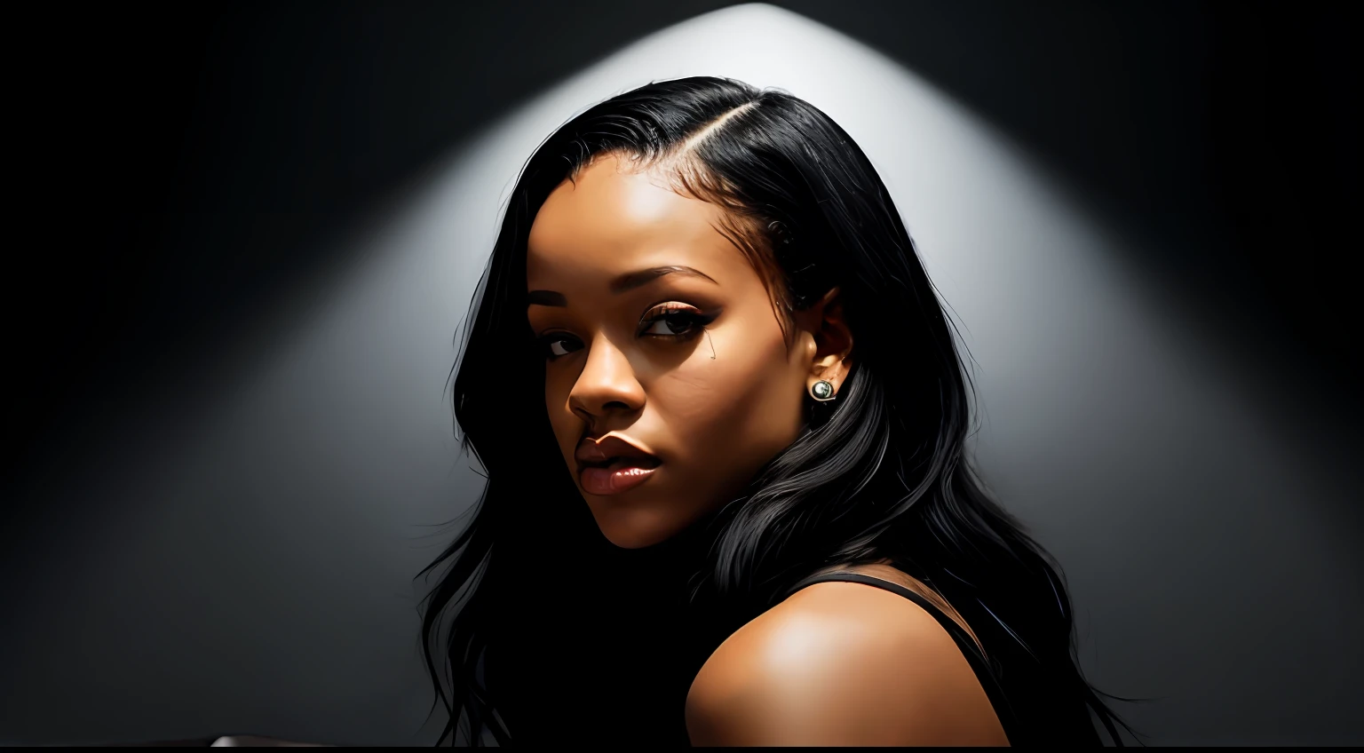 Dark portrait with black back ground of rihanna Sitting on the chair.cry