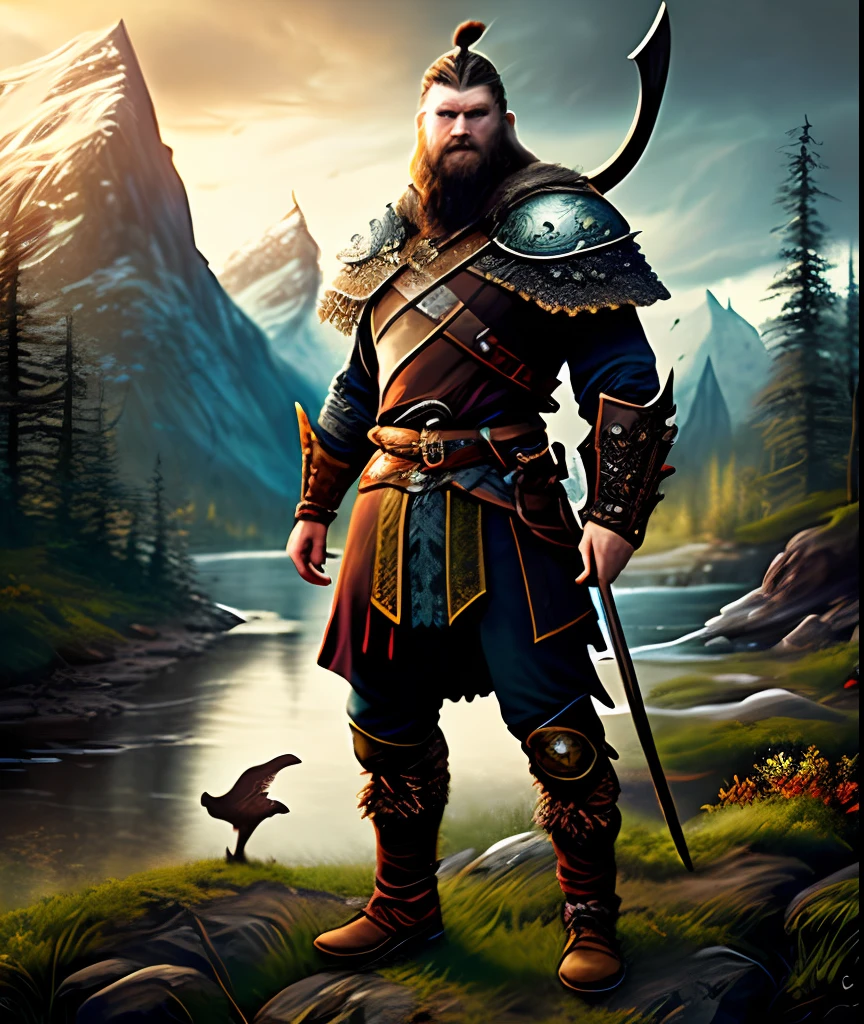Viking warrior, hyper detailed and embellished leather armor, full body, in artstation forest art, hazy background, realistic epic, rutkowski, hdr, intricate details, hyperdetailed, cinematic, rim light, muted colors: 1.2, dark fantasy, dark and reddish sky, with dark mountains in the background, dark and dangerous atmosphere