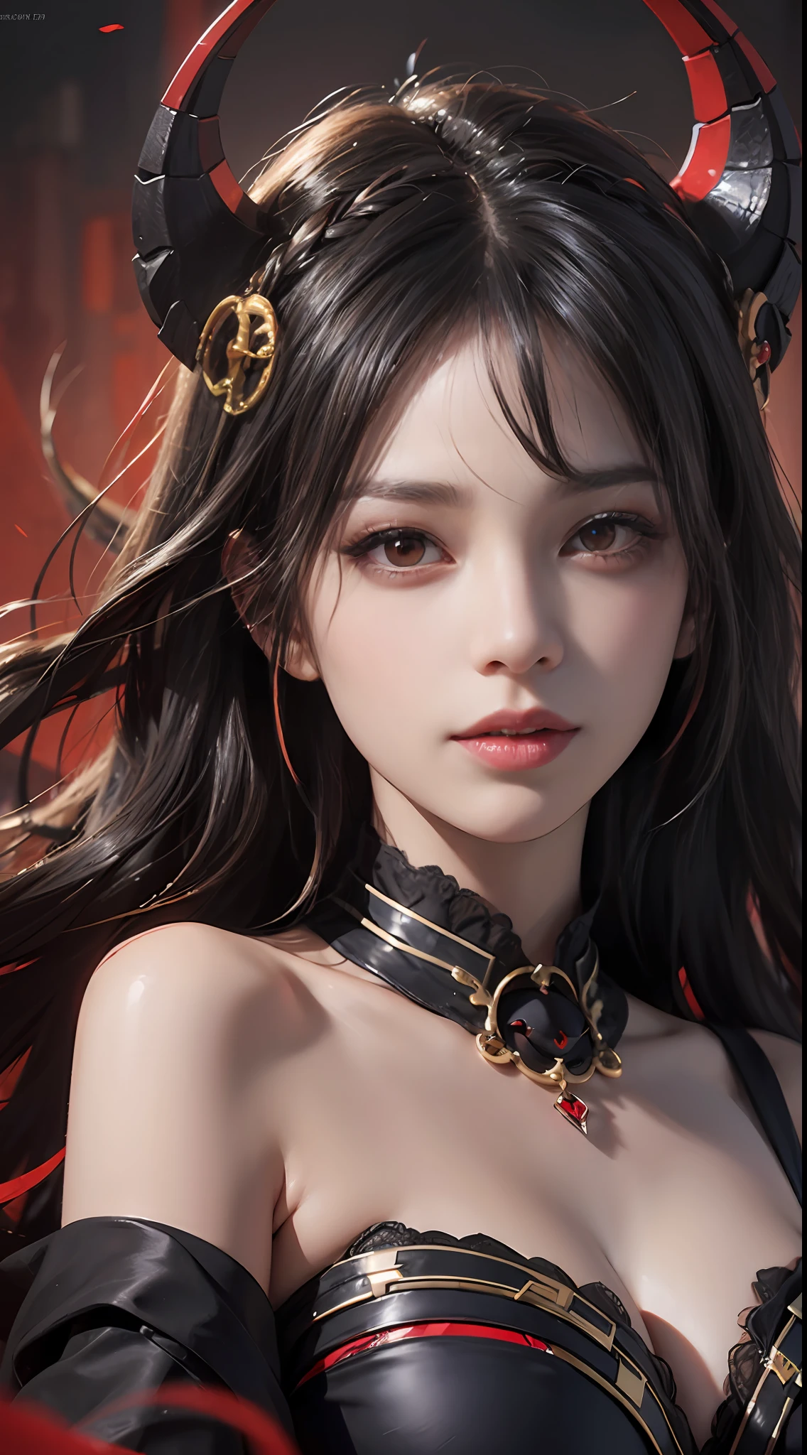 1 beautiful devil woman from hell, surreal female portrait by David Hockney and Alphonse Mucha, realistic art, chinese doll, photorealism, dynamic lighting, artstation, poster, volumetric lighting, clean pink and white face, super realistic face, beautiful face and very detailed make-up, 8k ultra, awarded, in the dark, low key, cowboy lens, (Red phoenix dress: 1.0), long hair, black hair, bust, devil's Palace, devil crown, eyes make up very sharp and detailed, the most beautiful face, super tight breasts, breast augmentation, the breasts are very big and round and round, super realistic, chinese women's clothing, polo neck sweater, charming smile, the eyes are very well made up, ((red eye:1.9)), big round eyes, glaring at the viewer, guweiz, devil style, wearing black mesh socks, ponytail with a bow tied at the back of the hair, plump and beautiful red lips, wearing a thin red and black robe, Hands pull the straps to reveal sexy breasts, the landscape is overcast and thunderous, beautiful female devil portrait, close-up of the main character, (detailed spooky background:0.8), HDR, UHD, 8kquality, detailed pixel, facing the beautiful girl, looking at the girl body,