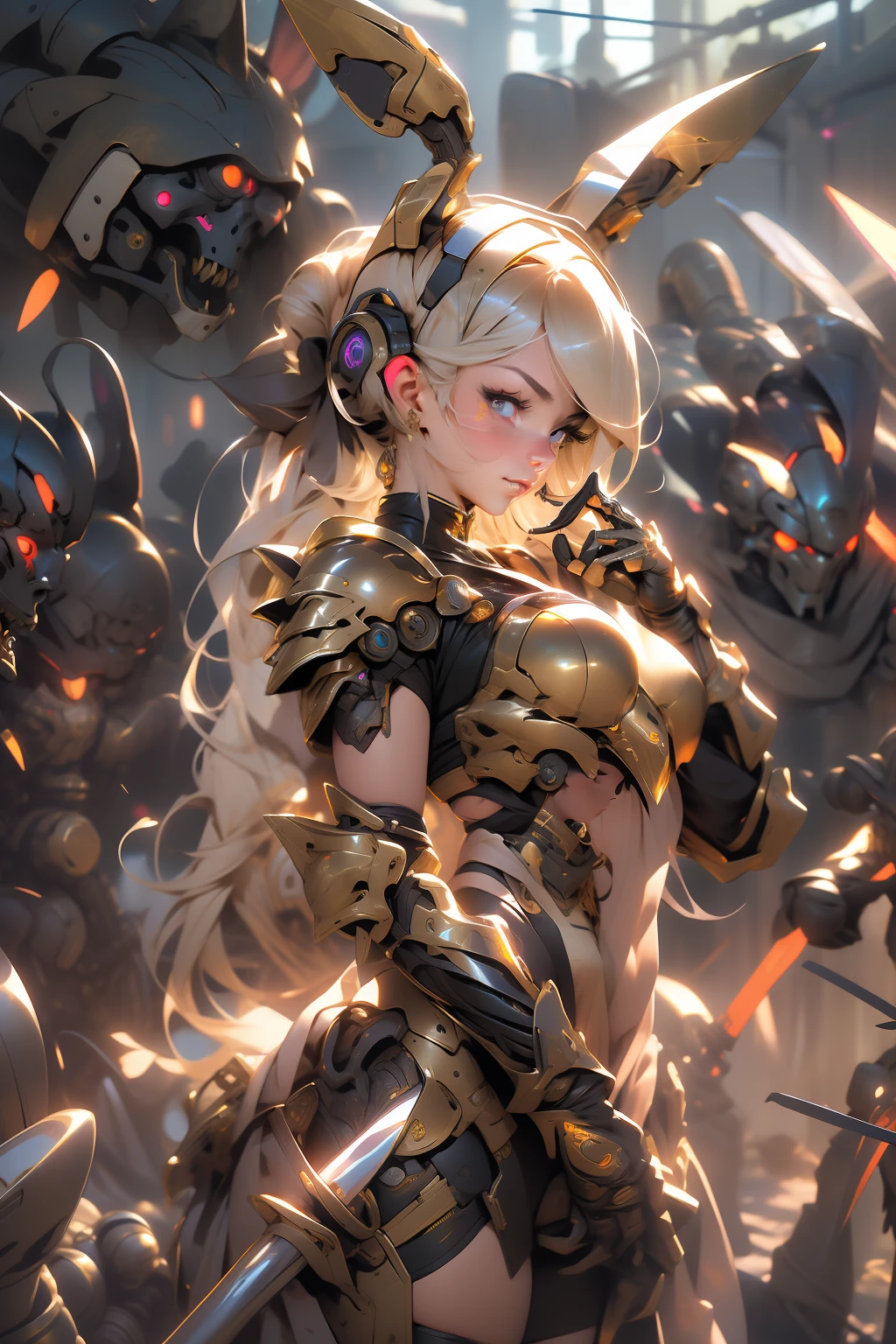 (masterpiece), (best quality), 1girl, detailed hair, cyborg girl with bunny ears, female warrior battle field, stand, (golden glowing eyes), cyborg armor, golden armor, black and golden, cinematic light