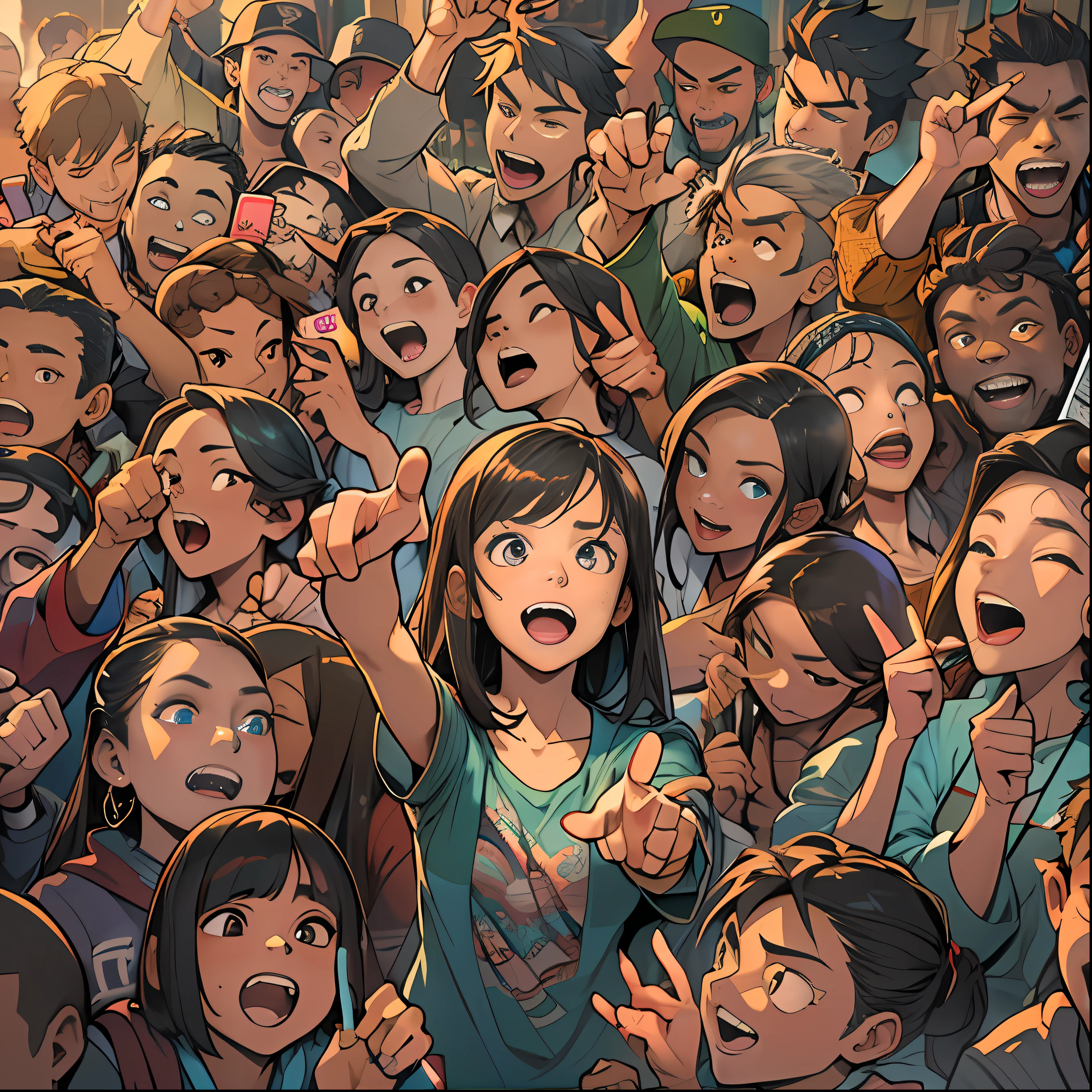 A group of enthusiastic fans gathered together, agreeing with each other. Among them, a young girl faces the camera with anger and dissatisfaction, pointing at an invisible target. The surrounding fans also have diverse expressions, some smiling, some shaking their heads, and some applauding,  ,in the style of the stars art group xing xing, 32k, best quality, masterpiece, super detail, high details,