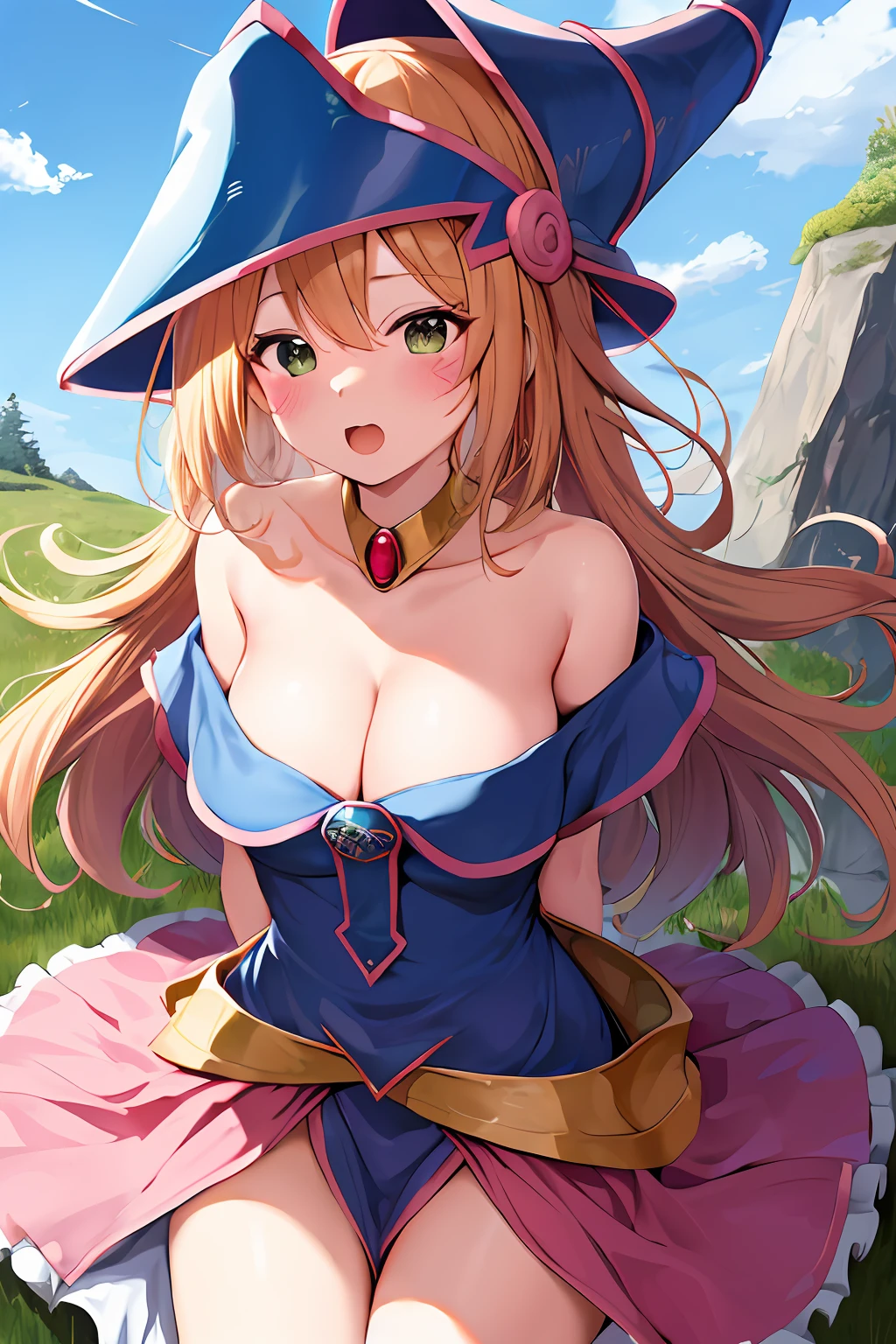 masutepiece, Best Quality, hight resolution, HMDMG1, Wizard Hat, blush, blush stickers, cleavage, Bare shoulders, Dress, off shoulders, :3, Open mouth, arms behind back, Outdoors