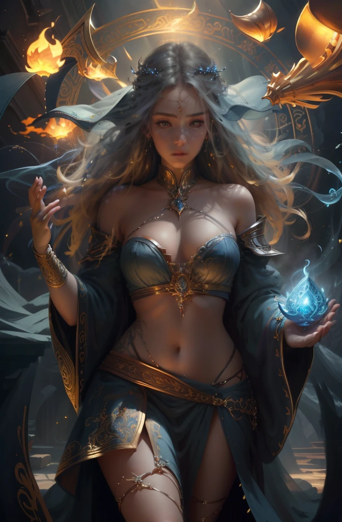 high details, best quality, 8k, [ultra detailed], masterpiece, best quality, (extremely detailed), full body, ultra wide shot, photorealistic, fantasy art, dnd art, rpg art, realistic art, an ultra wide picture of a female human (1.5 intricate details, Masterpiece, best quality) godess of light ((blue radiant aura)), controlling a swirling blue radiant magic (1.5 intricate details, Masterpiece, best quality), manipulating purple radiant magical symbols, divine symbols (1.5 intricate details, Masterpiece, best quality), human female, blond  hair, long hair with aura, hair with blue radiant eyes, intense eyes, ((radiant eyes)), (( blue glowing eyes)), dynamic clothing, fantasy sky, clouds, celestial  background, ((divine worship atmosphere)), high details, best quality, highres, ultra wide angle