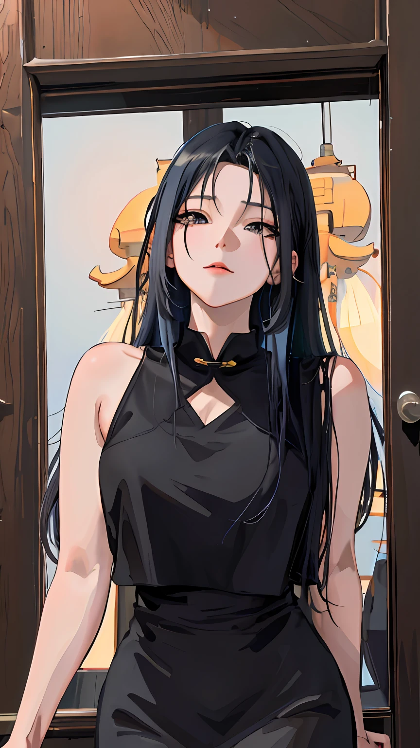 Anime girl with black hair and black cheongsam standing in front of the door, Guviz-style artwork, Digital anime illustration, attractive anime girls, seductive anime girls, realistic anime artstyle, Digital anime art, Anime girl wearing black dress, Anime style. 8K, portrait anime girl, Beautiful anime girl, style of anime4 K, a beautiful anime portrait，Realistic anime 3 D style, Anime style. 8K, anime realism style, realistic anime artstyle, Photorealistic anime,style of anime4 K, Guviz-style artwork, Casual pose，（（tmasterpiece，best qualtiy）），illustratio，Ultra-detailed 8K，Photorealsitic，Clear focus，A highly detailed，Professional lighting，Colorful detailed，Rainbow color BREAK factory super long shot，with light glowing，Complicated details，Shitu-mecha，1girl stands in front of the audience，Bigchest。