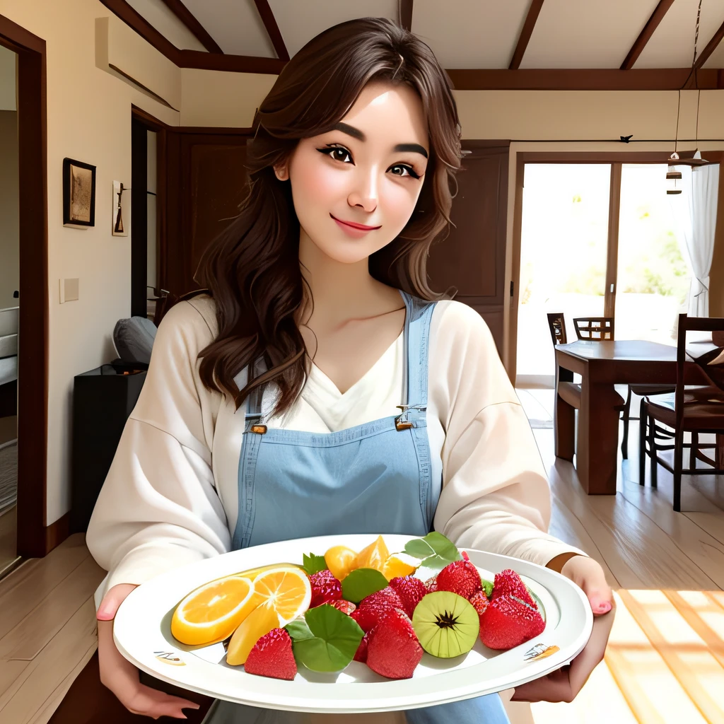 Youzi wrapped a house，Inside the house someone held a plate of fresh fruit