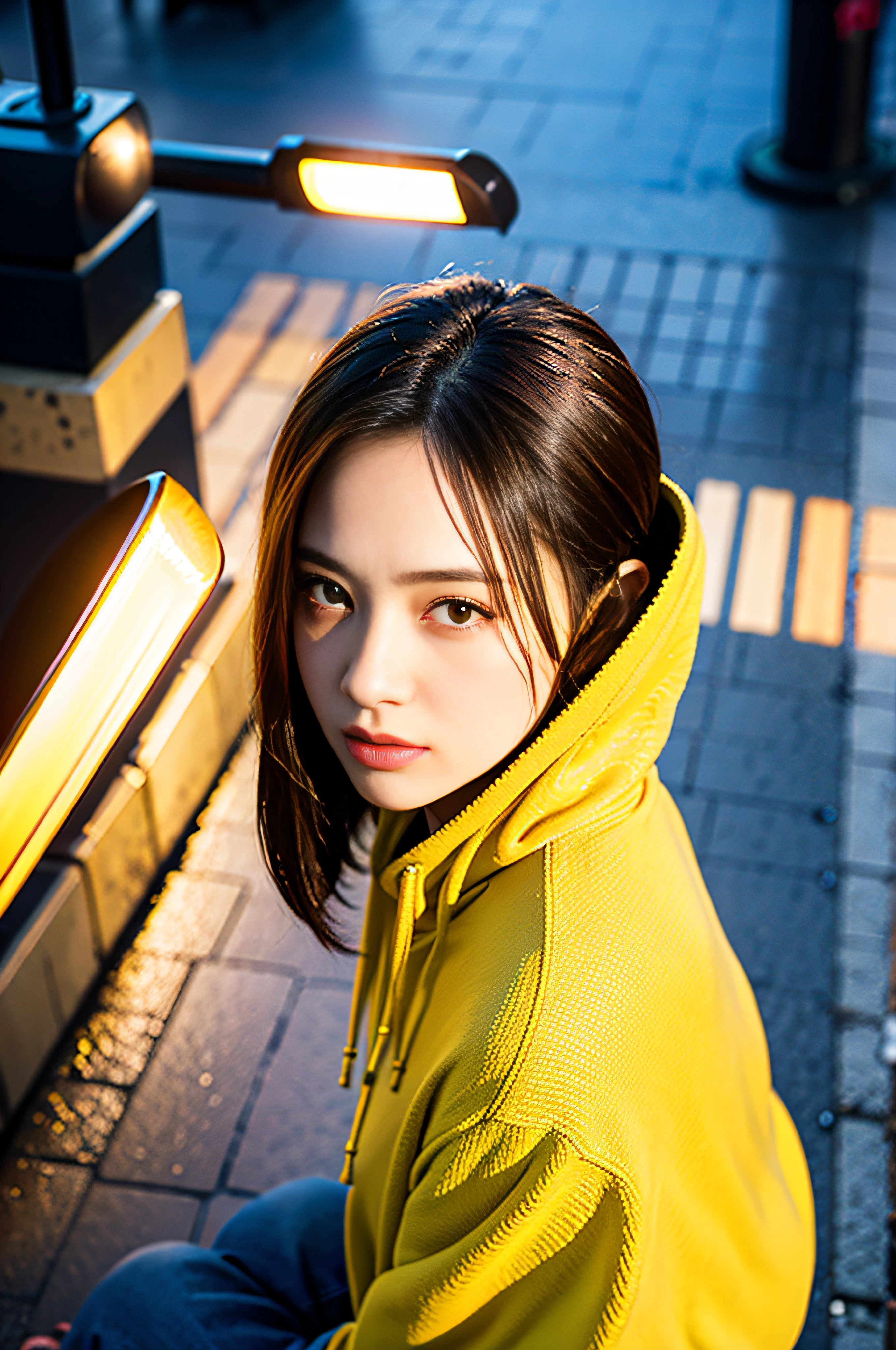 Sad theme、(top-quality、​masterpiece:1.2)、(((From directly above)))、Textured skin, Cinematic、dynamic pose、26 year old beautiful woman with brown hair sits、Black hoodie、looking up、(Streetlight background:1.3)、sony a7,3.5mm lens shooting、F 1.8 aperture、No retouching、Realistic raw photos、The skin texture is very detailed、without makeup、Background lighting is yellow、rainy day、The ground is wet from rain、The atmosphere is moody、How to steam