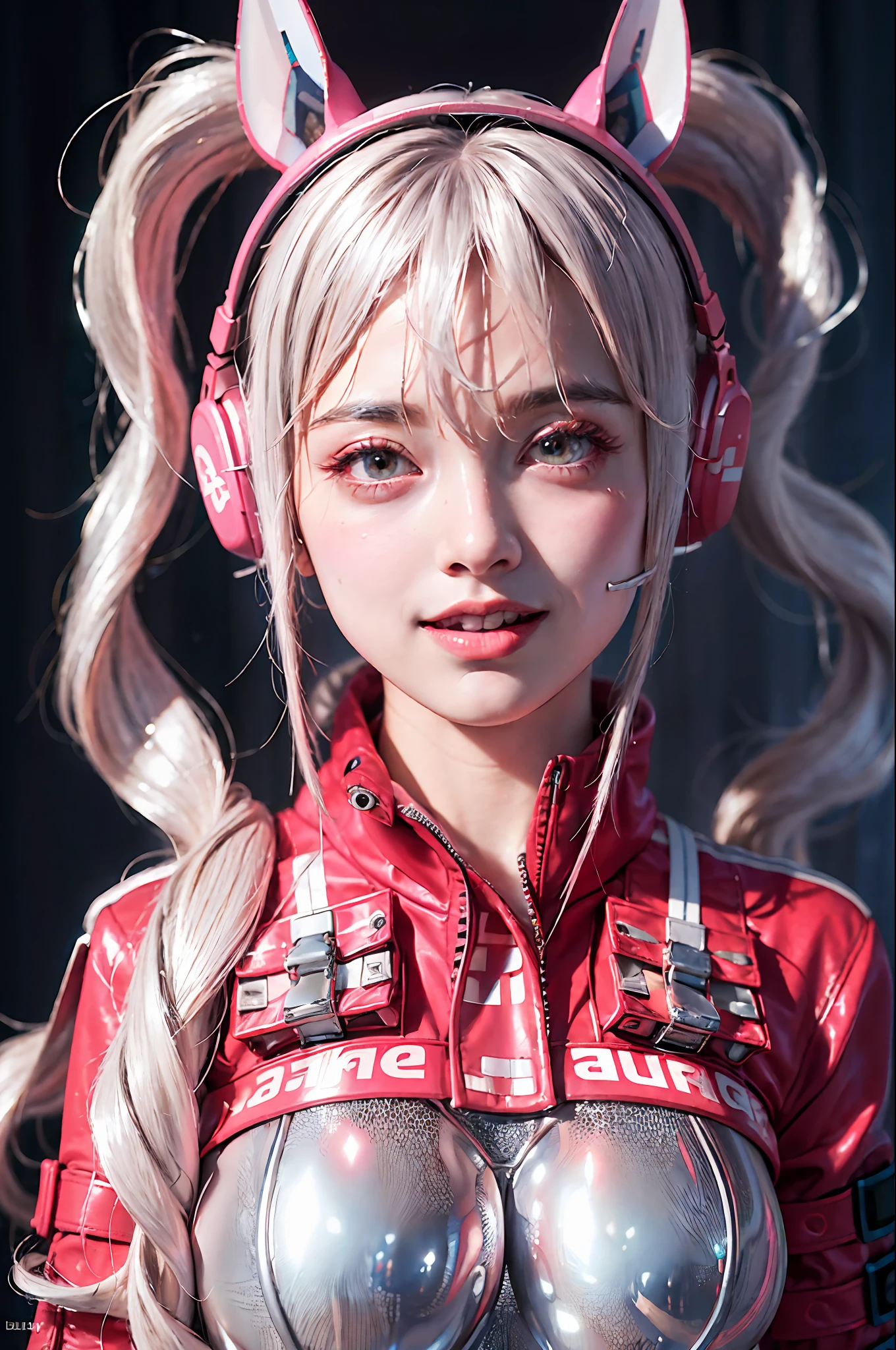 (RAW photo, best quality, masterpiece:1.2), (realistic, photo-realistic:1.4),(masterpiece:1.4),(best quality:1.4),1girl, solo, :d, animal ear headphones, animal ears, arms up, bangs, blush, bodysuit, breasts, bunny pose, clothes writing, covered navel, cowboy shot, cropped jacket, fake animal ears, gloves, outdoor,morning,snow, hair intakes, headphones, impossible bodysuit, impossible clothes, jacket, large breasts, latex, latex bodysuit, long hair, long sleeves, looking at viewer, large breasts, multicolored gloves, open mouth, pink bodysuit, pink eyes, red eyes, red jacket, shiny clothes, shrug \(clothing\), sidelocks, skin tight, smile, thigh gap, thighs, twintails, very long hair, white gloves, white hair,alice \(nikke\),(shiny skin),realistic,